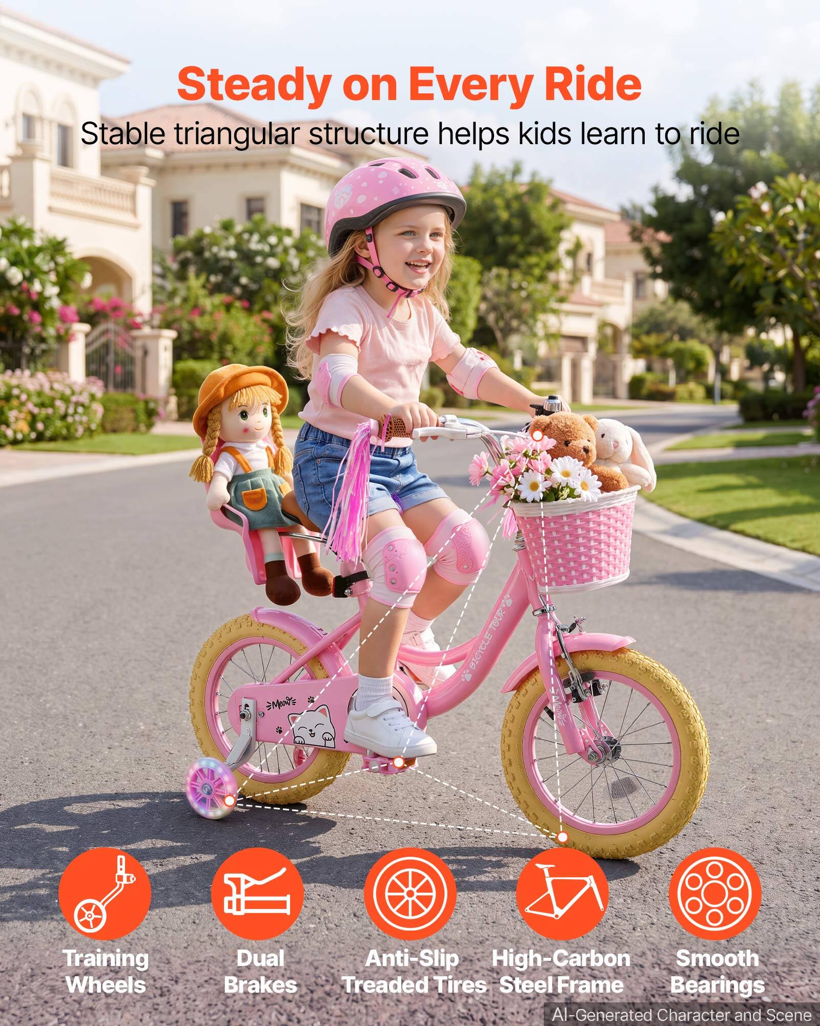 Steady on Every Ride  
Stable triangular structure helps kids learn to ride

TOUR BICYCLE  
Training Wheels  
Dual Anti-Slip High-Carbon Smooth Brakes Treaded Tires Steel Frame Bearings  
AI-Generated Character and Scene
