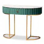 Front. Baxton Studio - Beale Luxe and Glam Velvet Upholsteand Brushed Finished 1-Drawer Console Table with Faux Marble Tabletop - Green/Gold.