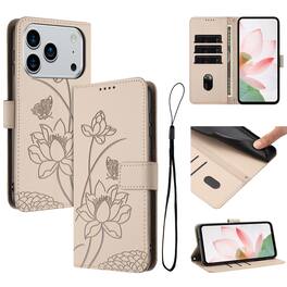 Dteck - Shockproof Wallet Case for Apple iPhone 17 Pro with Detachable Wrist Strap, Protective PU Leather Folio Stand Cover - Beige