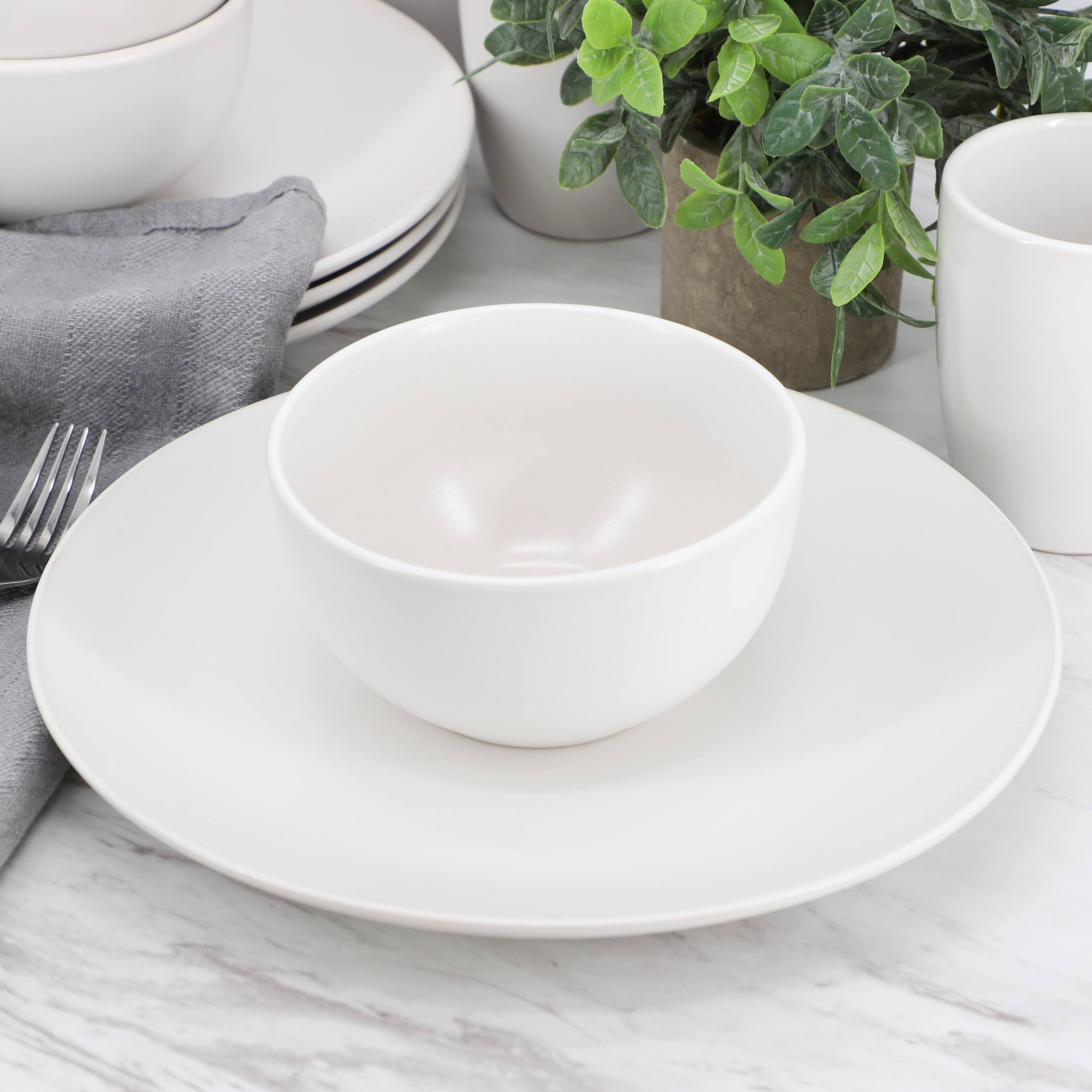 Alt View 5. Gibson - Gibson Home Everyday Plus 12 Piece Round Stoneware Dinnerware Set in White - White.