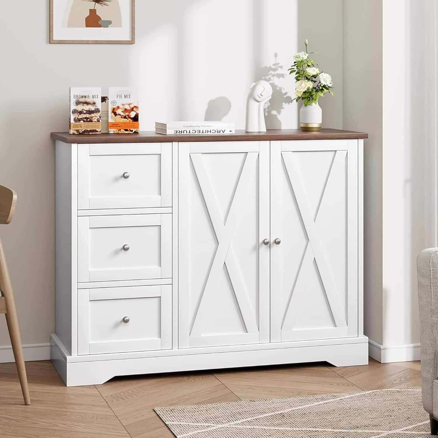 Jojoka - Farmhouse Buffet Cabinet with 3 Drawers and 2 Doors for Kitchen, Dining Living Room - White