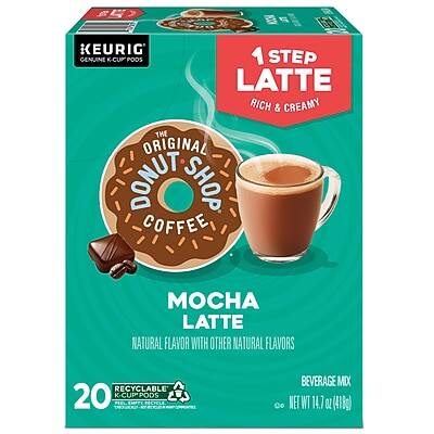 GE 3 KEURIG GENUINE K-CUP PODS  
1 STEP LATTE  
RICH & CREAMY  
THE ORIGINAL DONUT SHOP COFFEE  
MOCHA LATTE  
NATURAL FLAVOR WITH OTHER NATURAL FLAVORS  
RECYCLABLE  
20 K-CUP PODS  
BEVERAGE MIX  
NET WT 14.7 OZ (418g)