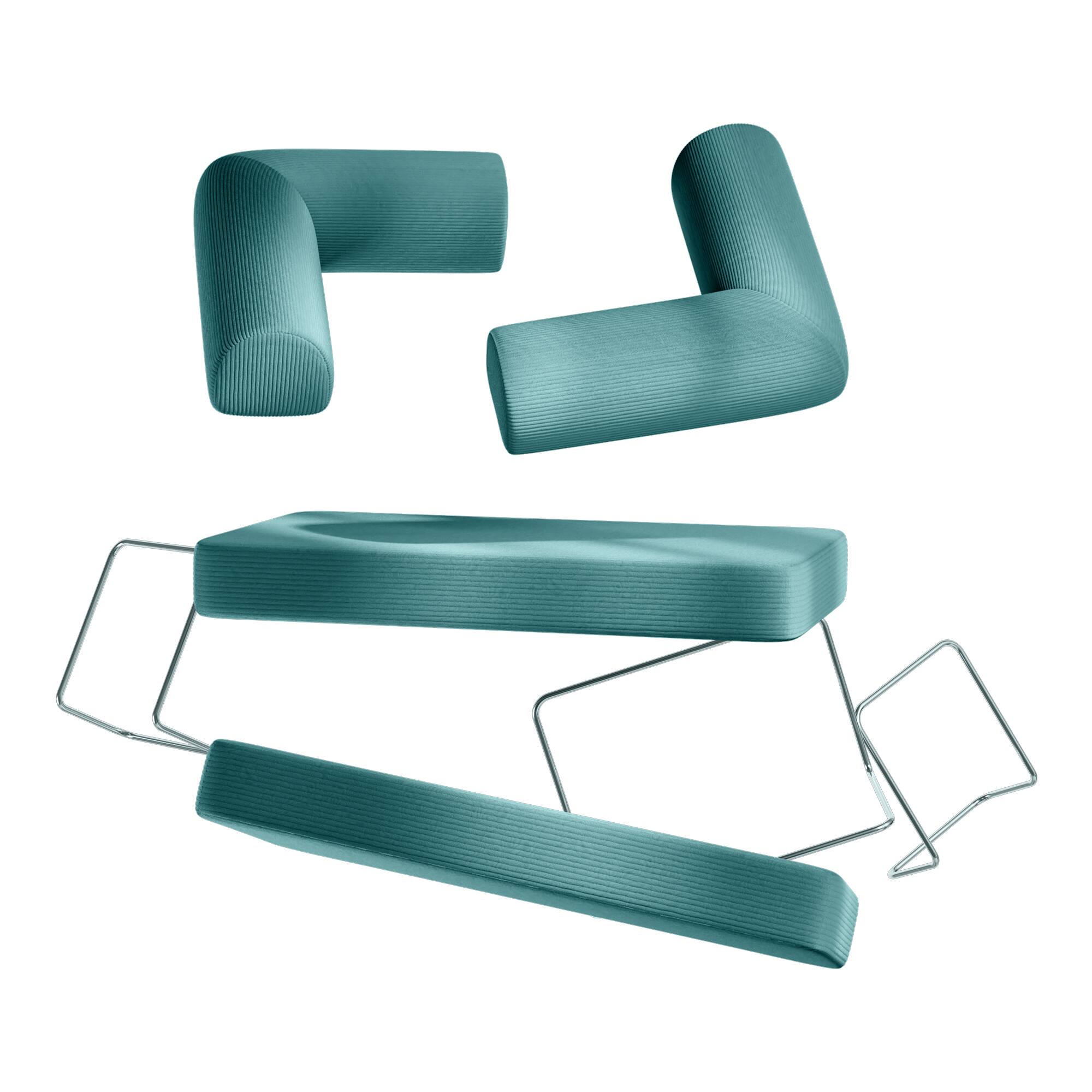 Back. KERDOM - 62'' Wide Corduroy Sleeper Sofa Bed, Convertible Loveseat Sofa With Pull-out Bed, Foldable Spliced Block Lounge Couch - Aqua Blue.