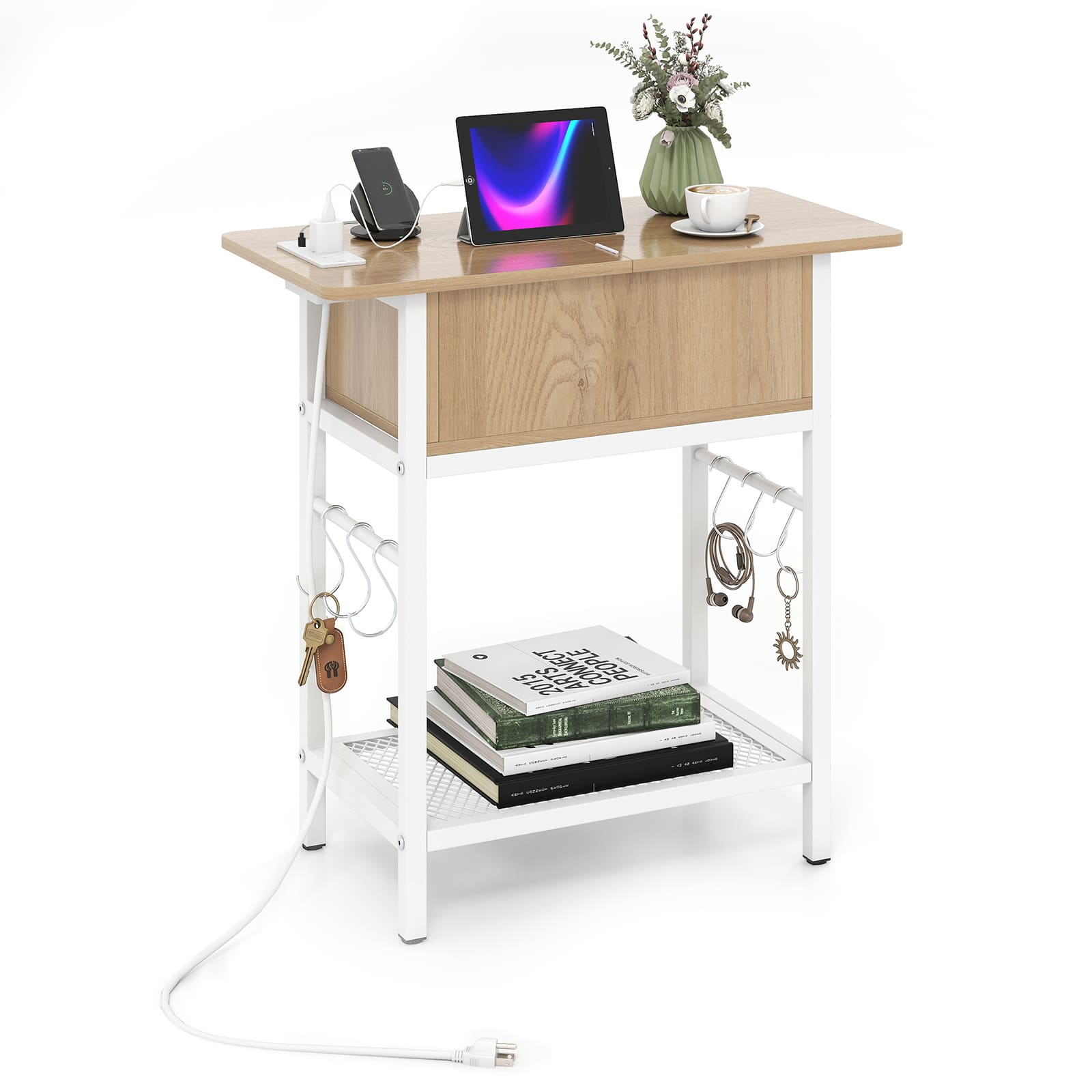 Costway - End Table with Charging Station, Flip Top Sofa Side Table with USB Ports,Outlets&Shelf - Natural & White