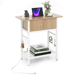 Costway - End Table with Charging Station, Flip Top Sofa Side Table with USB Ports,Outlets&Shelf - Natural & White