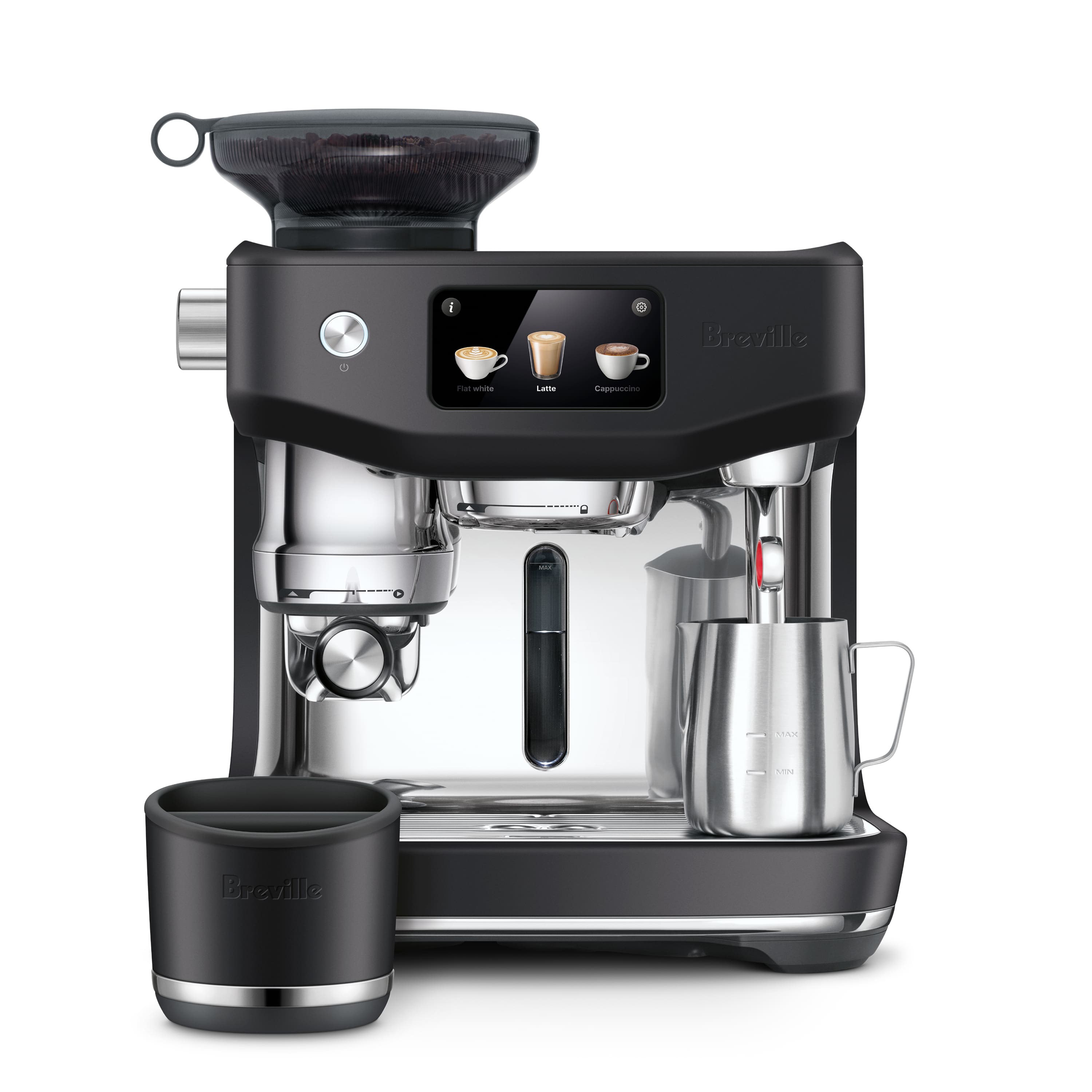 Breville is a brand that manufactures coffee machines, and the image shows a black coffee maker with a silver carafe. The machine is designed to make cappuccinos, and it is a part of the Breville brand.