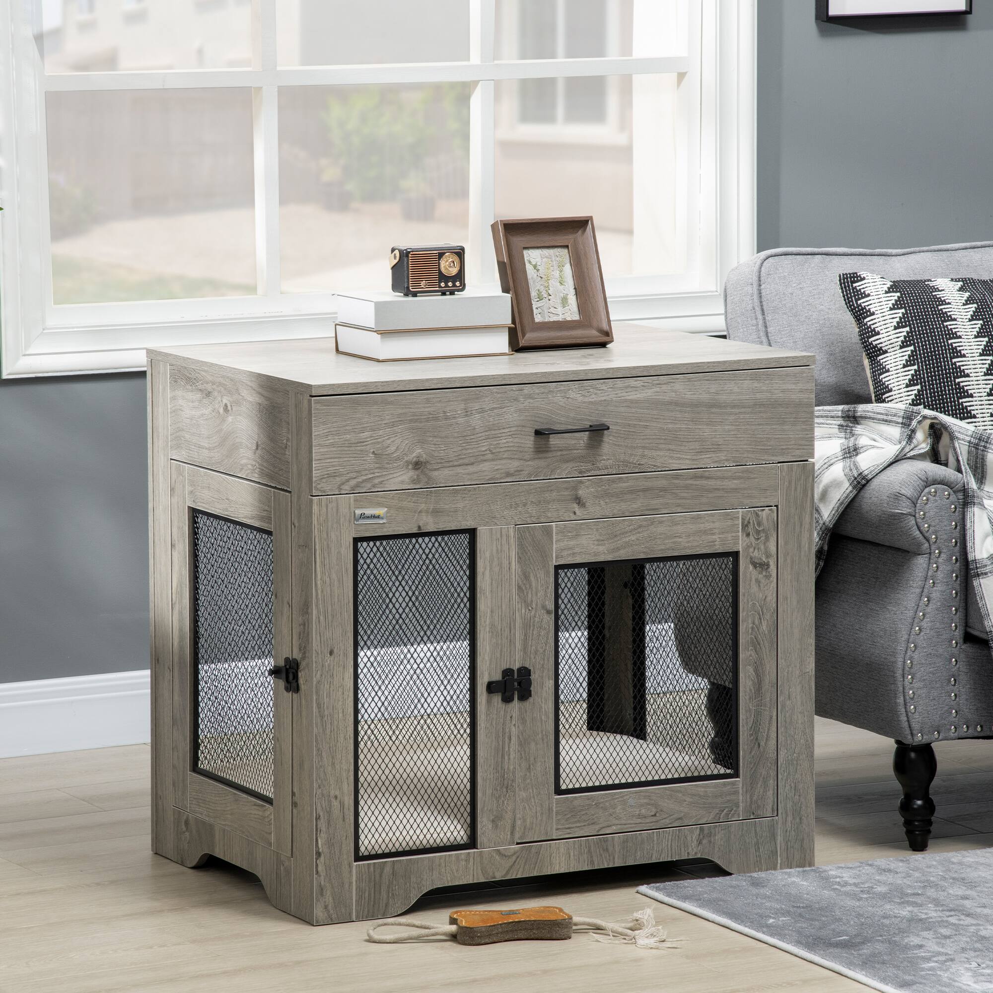 Alt View 4. Siljoy - Dog Crate End Table with Washable Cushion & Drawer, 2‑Door Kennel for Medium Dogs up to 44 lbs.
