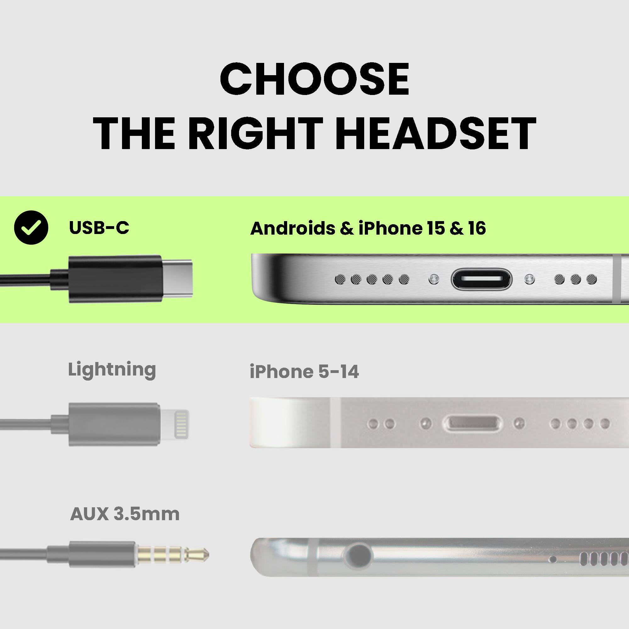 CHOOSE THE RIGHT HEADSET

USB-C
Androids & iPhone 15 & 16

Lightning
iPhone 5-14

AUX 3.5mm