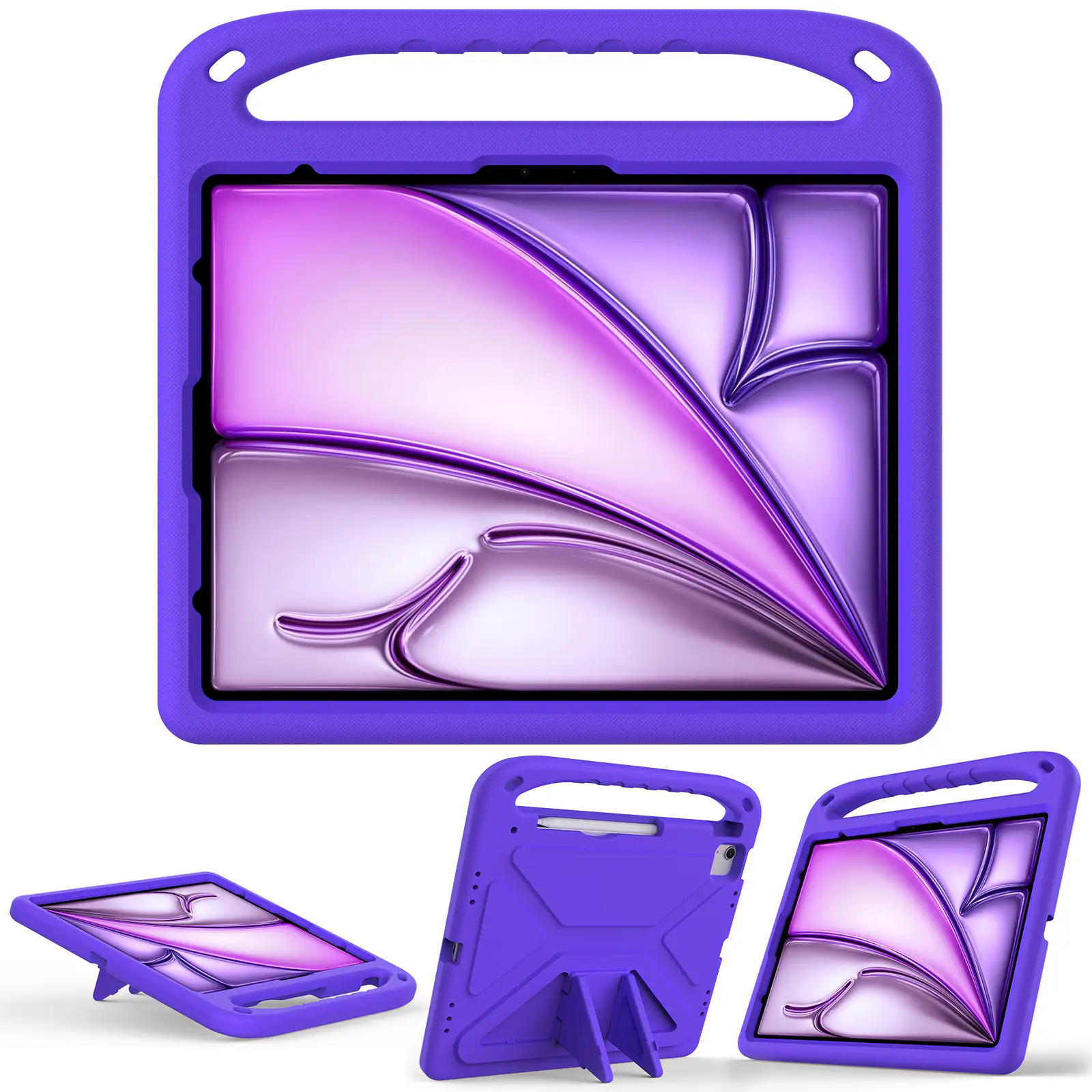 Angle. Dteck - For iPad Air 11 M4(2026)/M3 (2025)/M2 (2024) Rugged Case Kids Friendly EVA Handle Grip Pencil Holder Kickstand Cover - Purple.