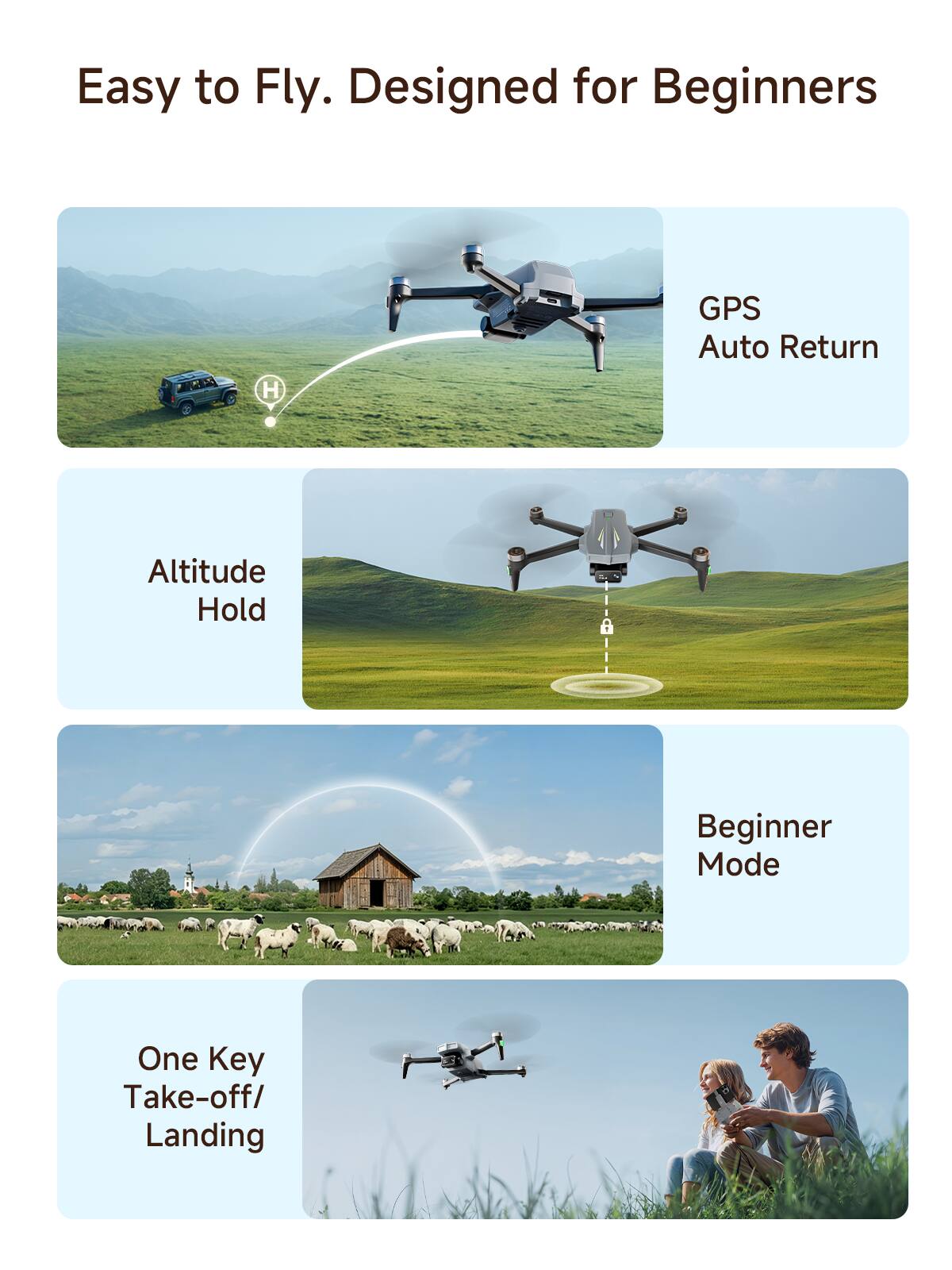 Easy to Fly. Designed for Beginners

- GPS Auto Return
- Altitude Hold
- Beginner Mode
- One Key Take-off/Landing