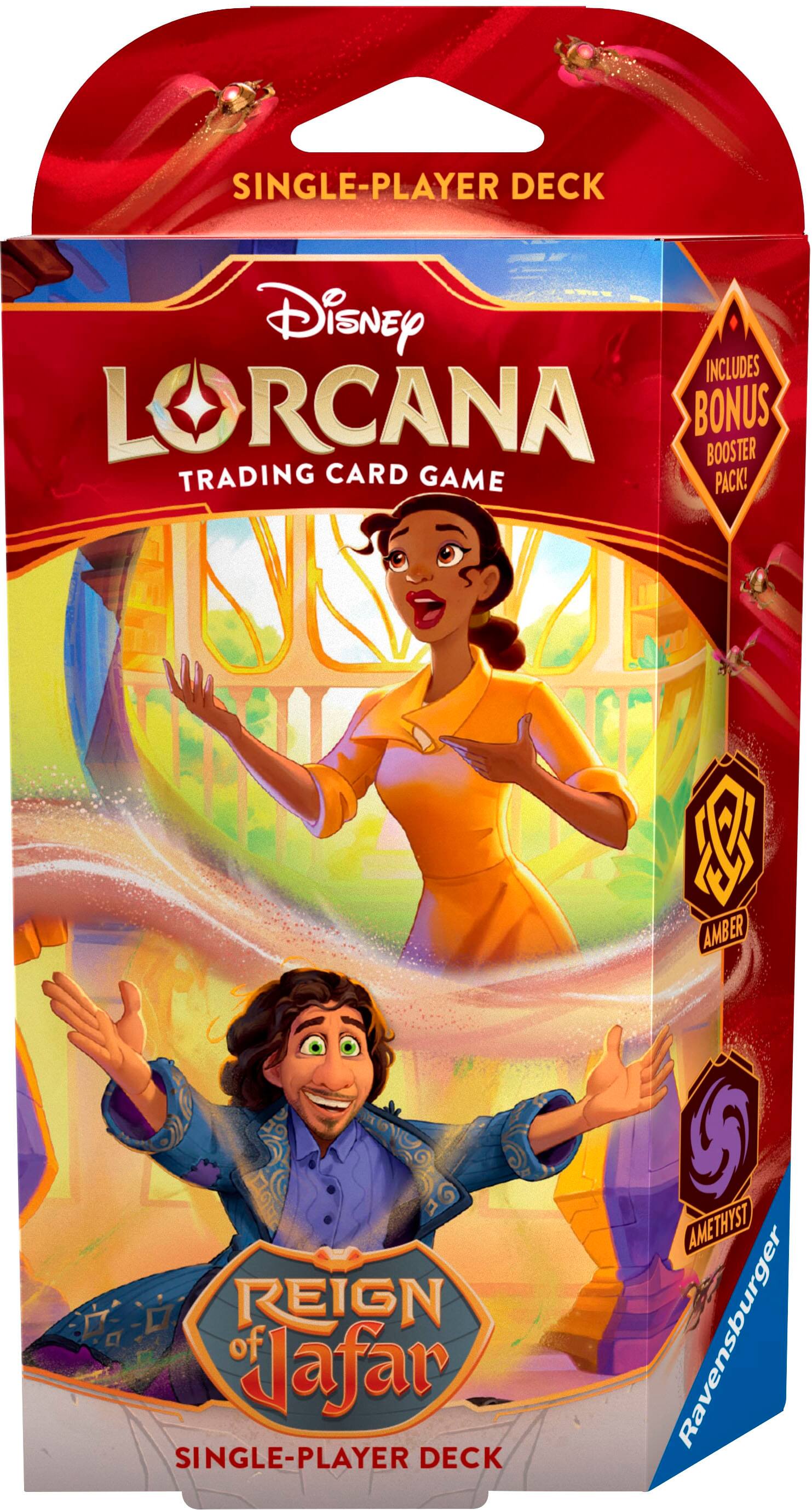 The text on the image reads: "Disney Lorcana Trading Card Game Single-Player Deck includes Lorcana Bonus Booster Pack! Amber Reign of Lfar Single-Player Deck Amethyst Ravensburger."