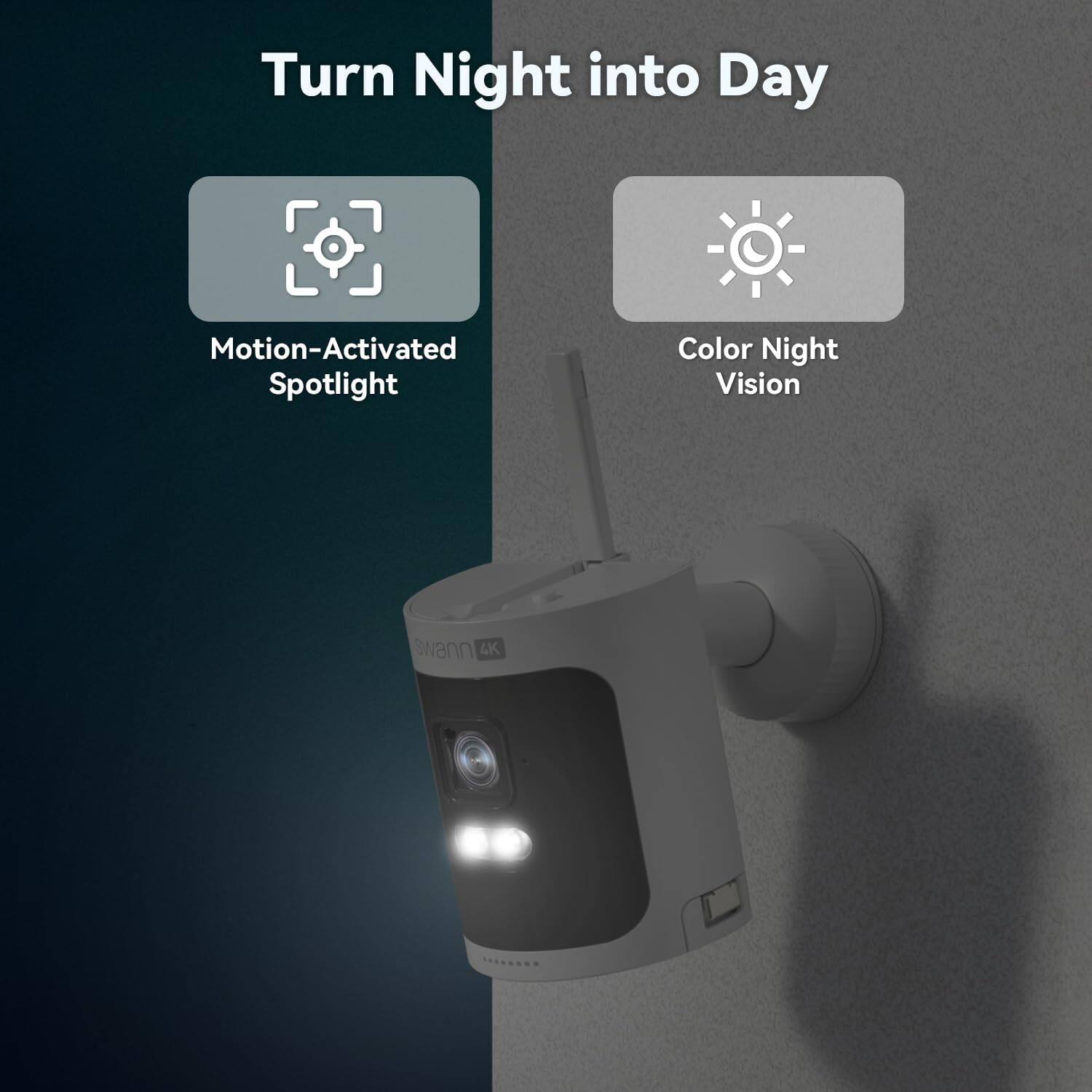 Turn Night into Day: Motion-Activated Spotlight, Color Night Vision, and 4K.