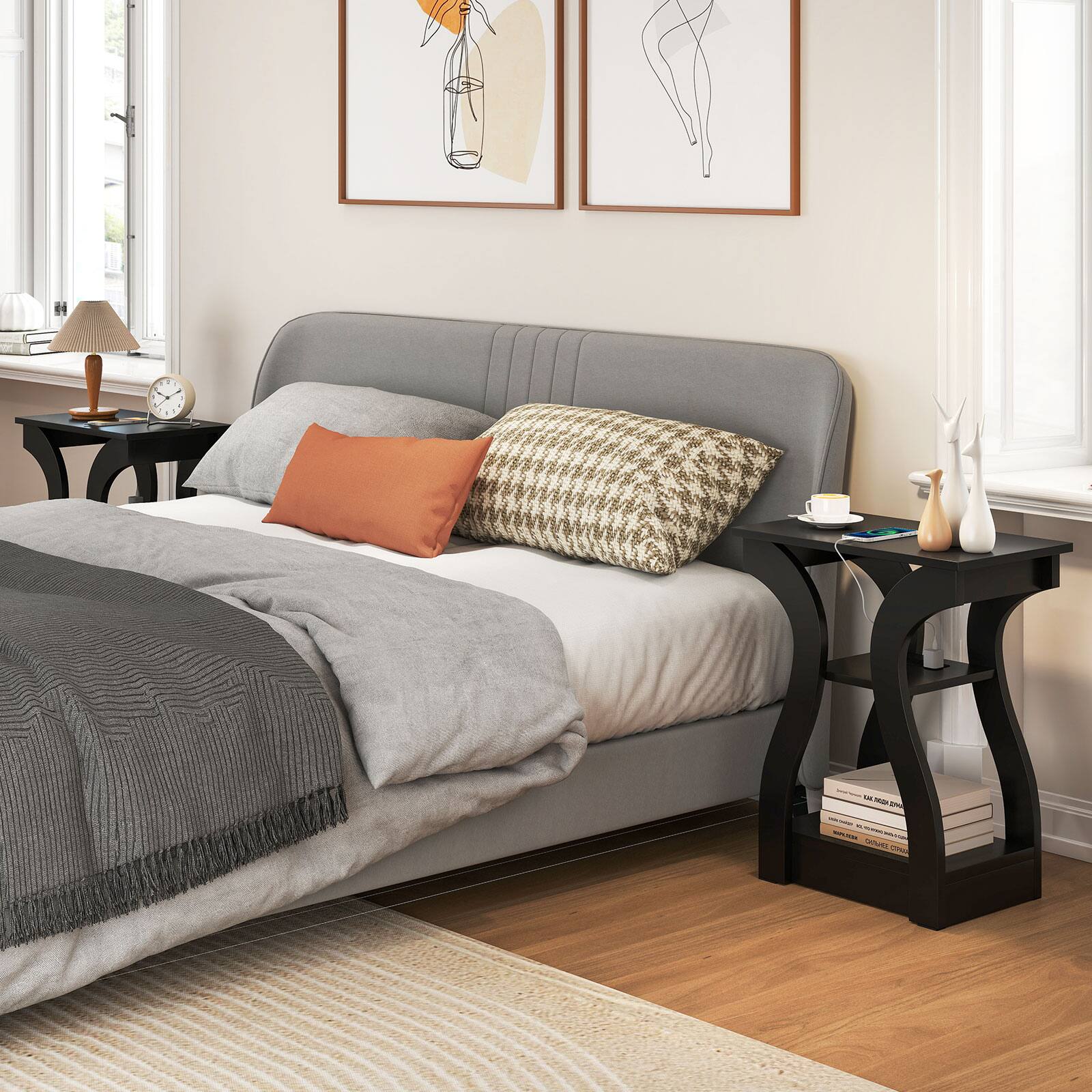 Alt View 4. Gymax - Gymax End Tables w/Charging Station Set of 2 3-Tier Side Tables w/USB Ports & Outlets Black - Black.