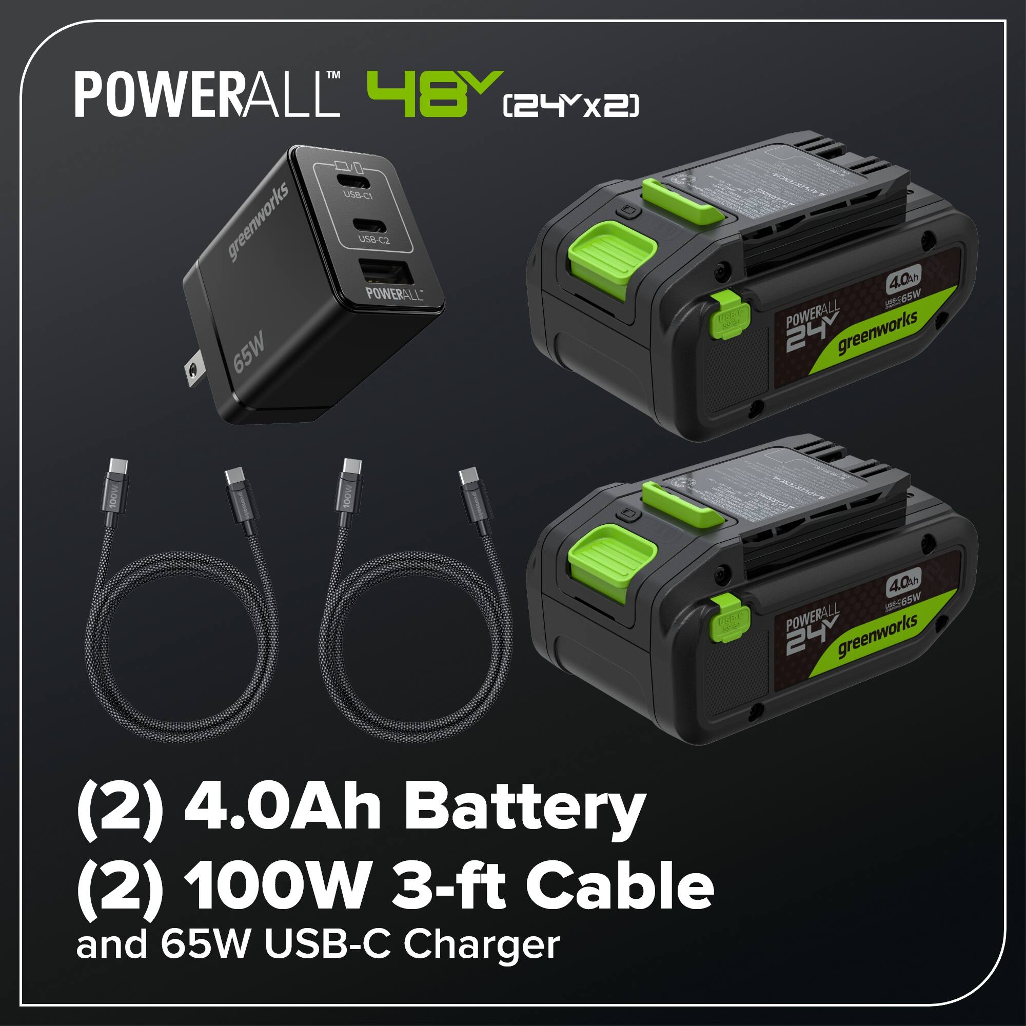 POWERALL 48Y (24Yx2)  
USB-C greenworks  
USBC POWERALL 65W  
TF 40  
65W POWERALL 24  
greenworks  
1  
40h  
65W POWERALL 24  
greenworks (2)  
4.0Ah Battery (2)  
100W 3-ft Cable and 65W USB-C Charger