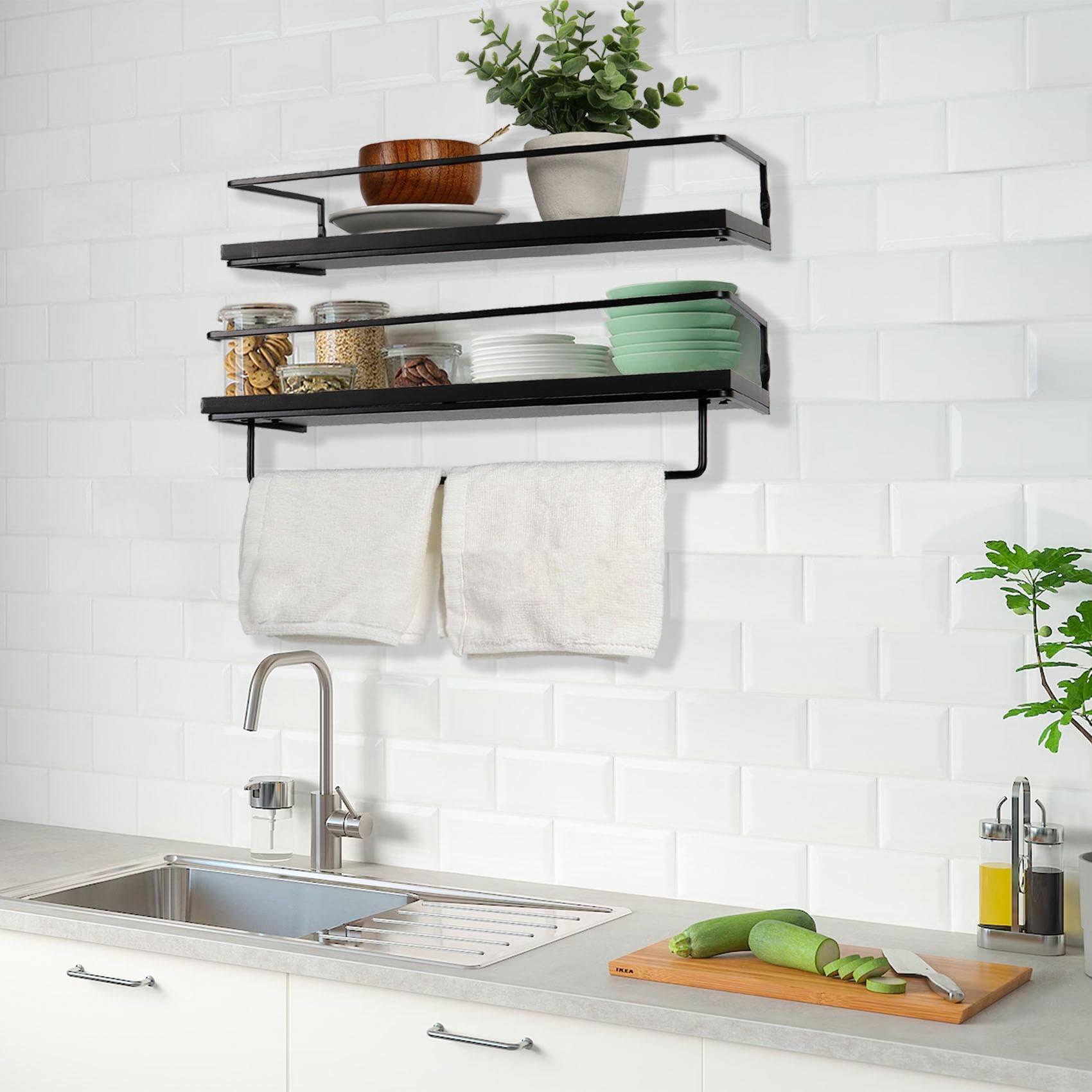 Back. Dazzed Corner - Wall Mounted Towel Rack, Floating Bathroom Shelves Set of 2 - Black.