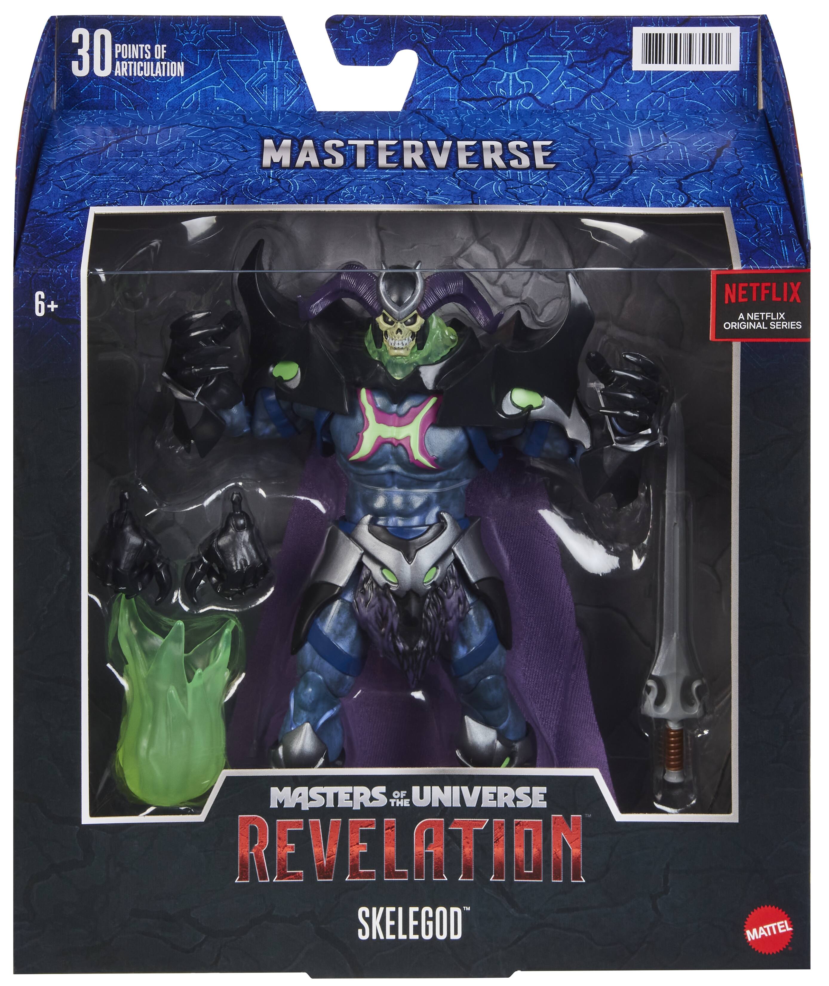 The image features a Masters of the Universe action figure, specifically Skelegod, from the Netflix original series. The figure is displayed in a box, showcasing its 30 points of articulation. The packaging emphasizes the connection to the Netflix series and the character's unique design.