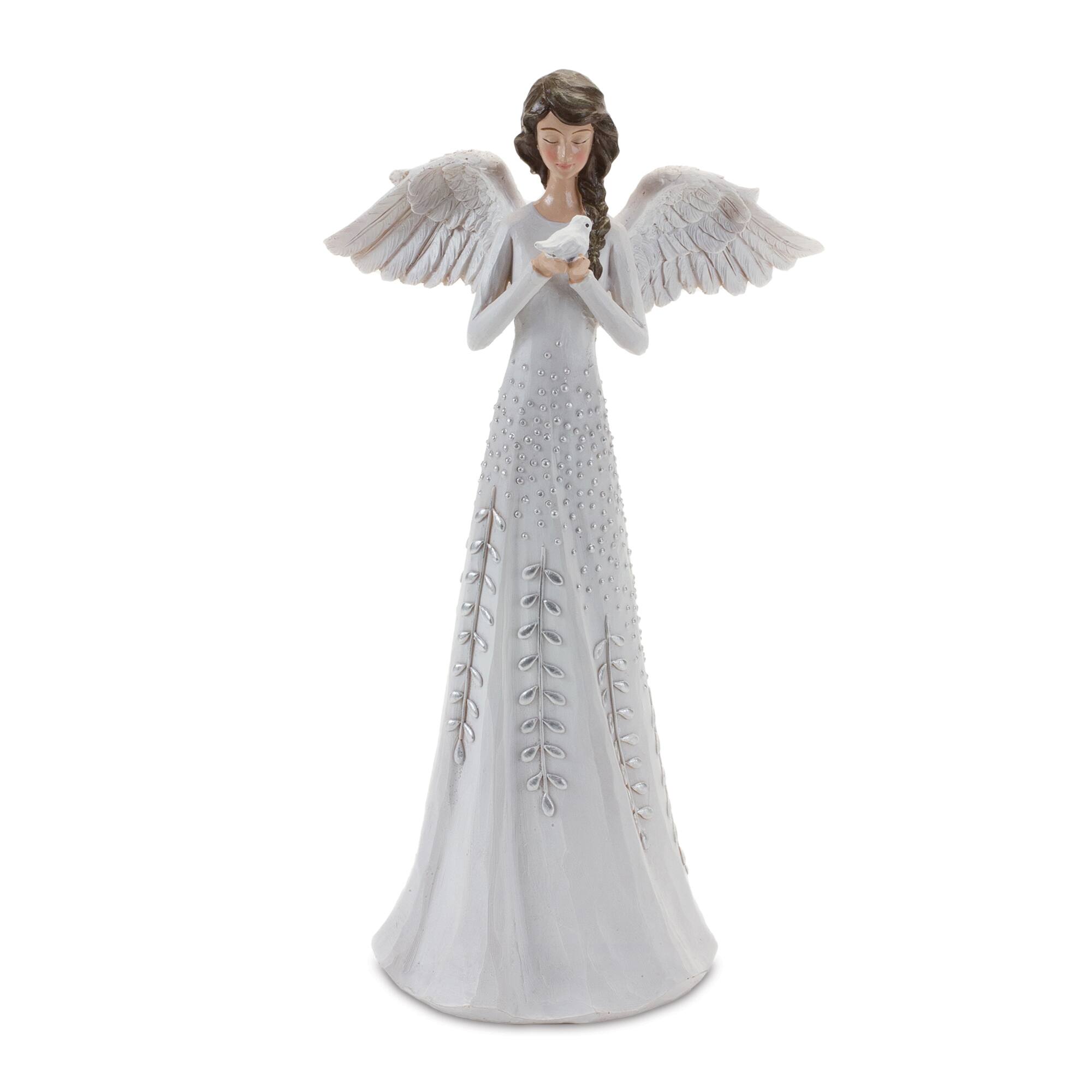 Left. BreeBe - Angel Figurine with Silver Floral Accent (Set of 2) - White, Silver.