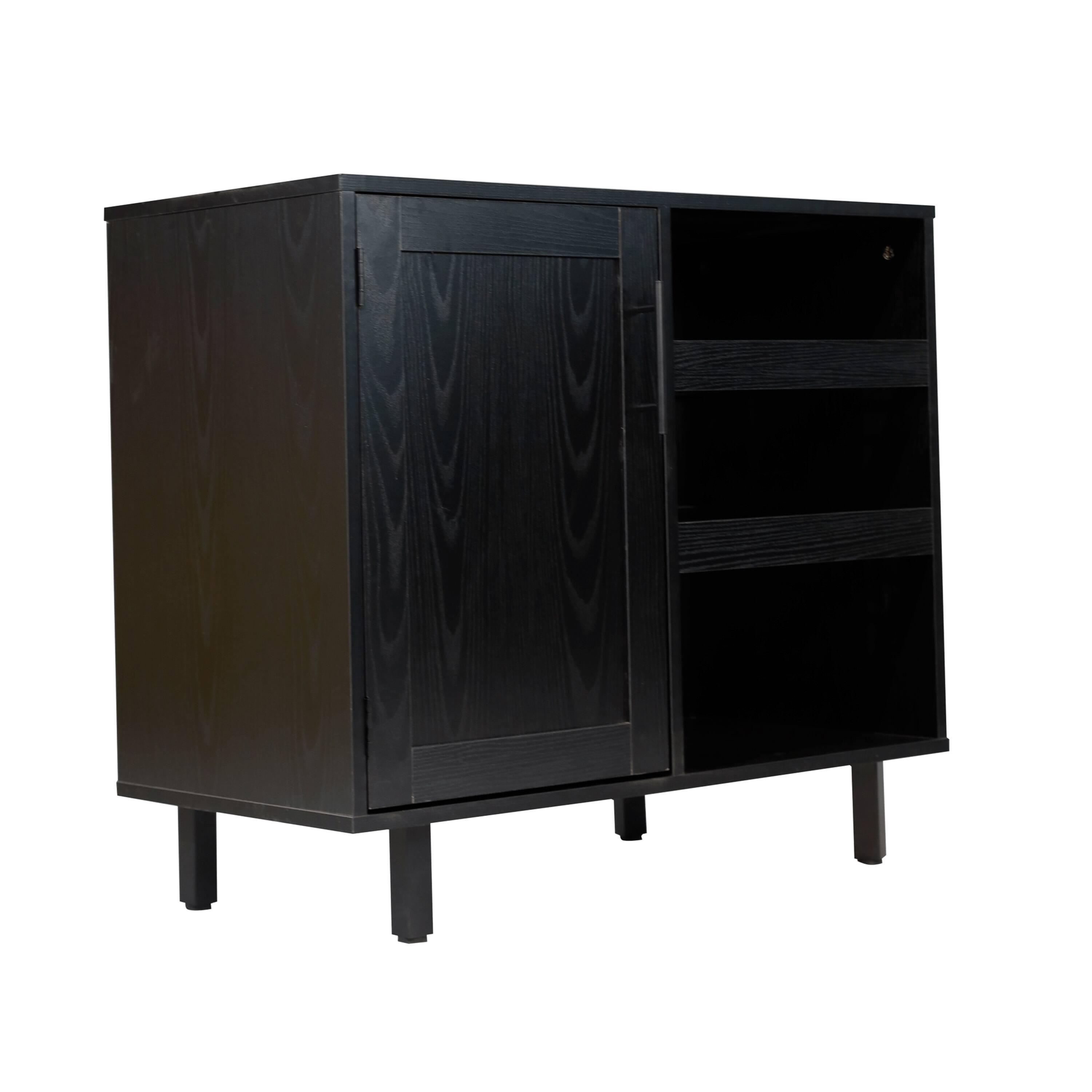 Alt View 1. Emma + Oliver - Classic Sideboard and Bar Cabinet with Open and Closed Storage - Black.