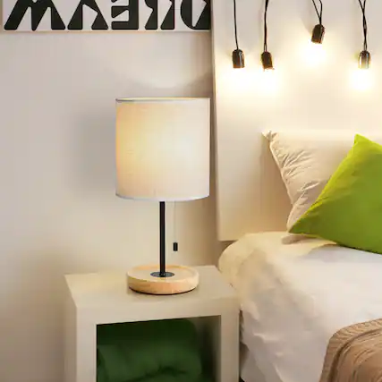 Front. Oumilen - Contemporary Desk Lamp with Metal Frame, Wooden Base, Pull Chain Switch.