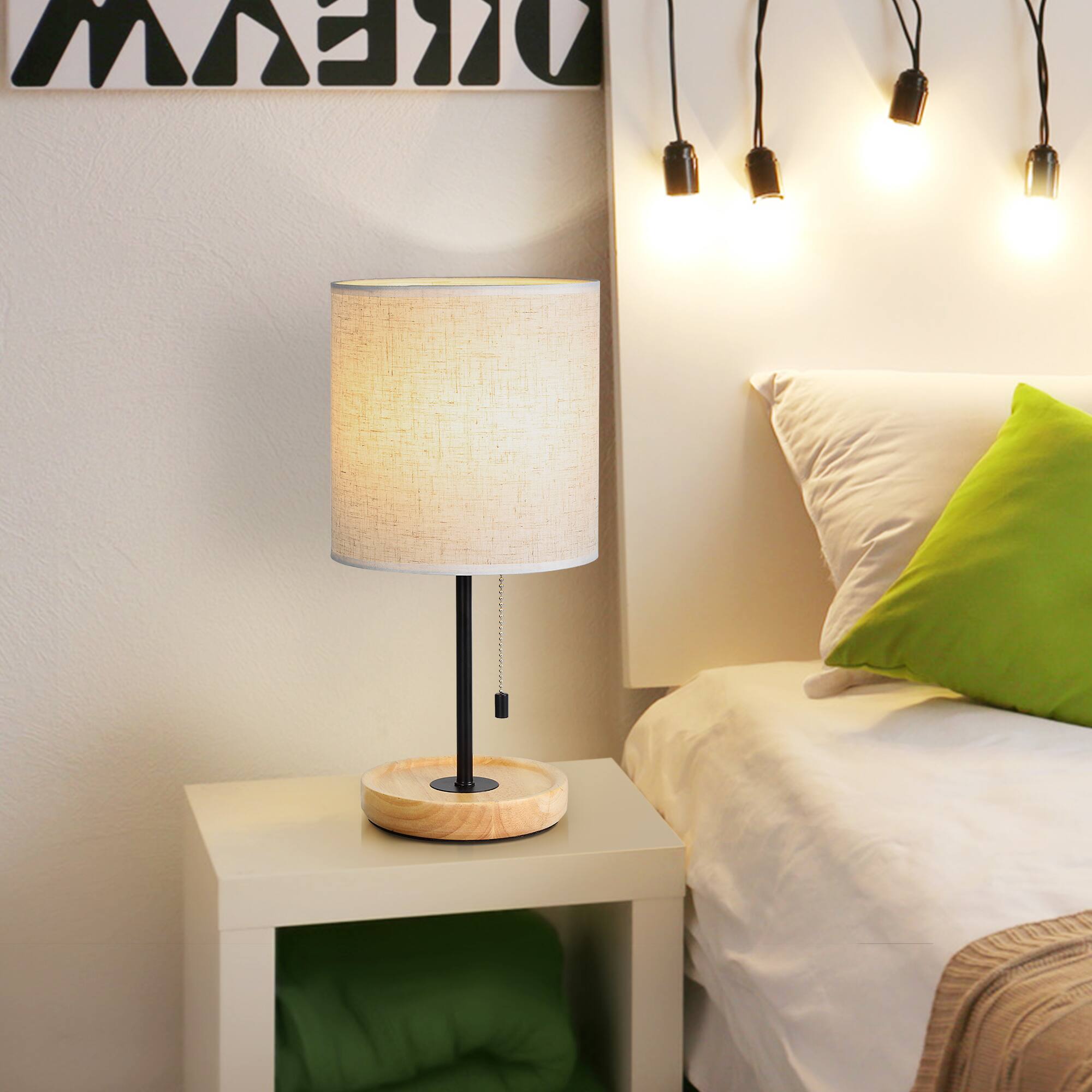 Front. Oumilen - Contemporary Desk Lamp with Metal Frame, Wooden Base, Pull Chain Switch.