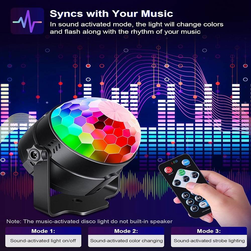 Syncs with Your Music

In sound activated mode, the light will change colors and flash along with the rhythm of your music

Note: The music-activated disco light does not built-in speaker

Mode 1: Sound-activated light on/off

Mode 2: Sound-activated color changing

Mode 3: Sound-activated strobe lighting