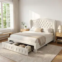 Vipbear - Queen Upholstered Platform Bed Frame with 2 Storage Drawers & 52.6" Tall Headboard, No Box Spring Needed - beige