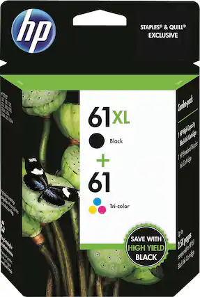 HP 61 XL Black + 61 Tri-color Combo-pack
Staples & Quill Exclusive
Save with High Yield Black
Up to 2.5X pages compared to HP 61 Black Ink Cartridge