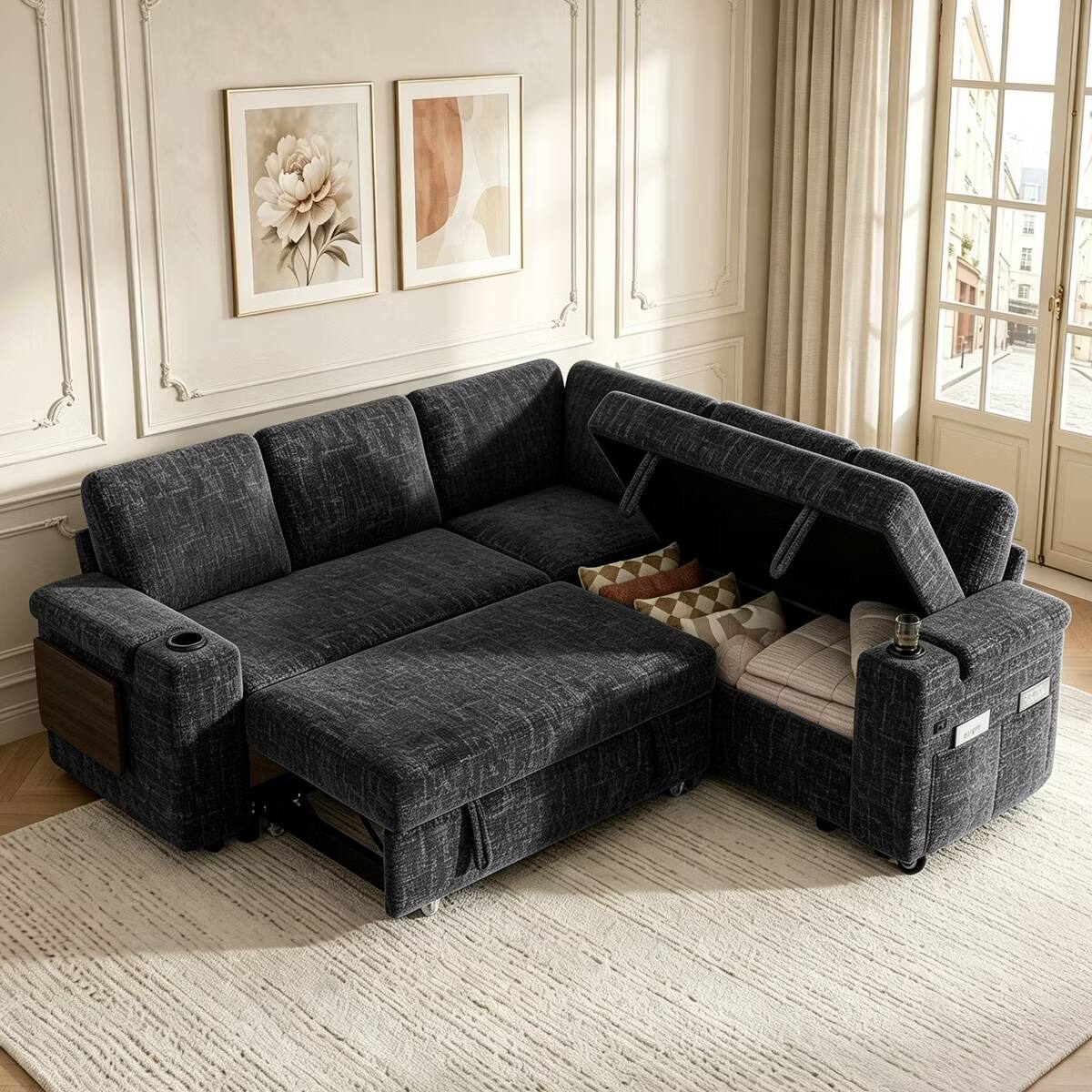Front. Dyonery - 85" Grey Chenille Modular 5-seater L-shaped Sectional Sleeper Sofa Bed with Pull Out Bed,USB Ports,Cup Holders - Gray.
