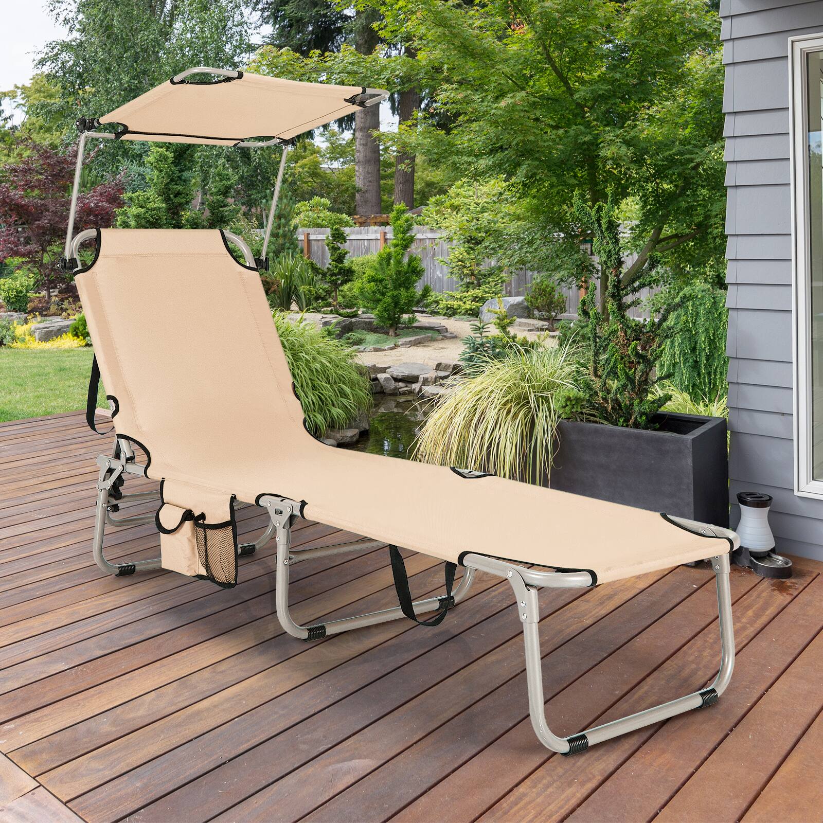 Alt View 3. Gymax - Gymax Foldable Lounge Chair Adjustable Outdoor Beach Patio Pool Recliner Beige W/ Sun Shade - Beige.