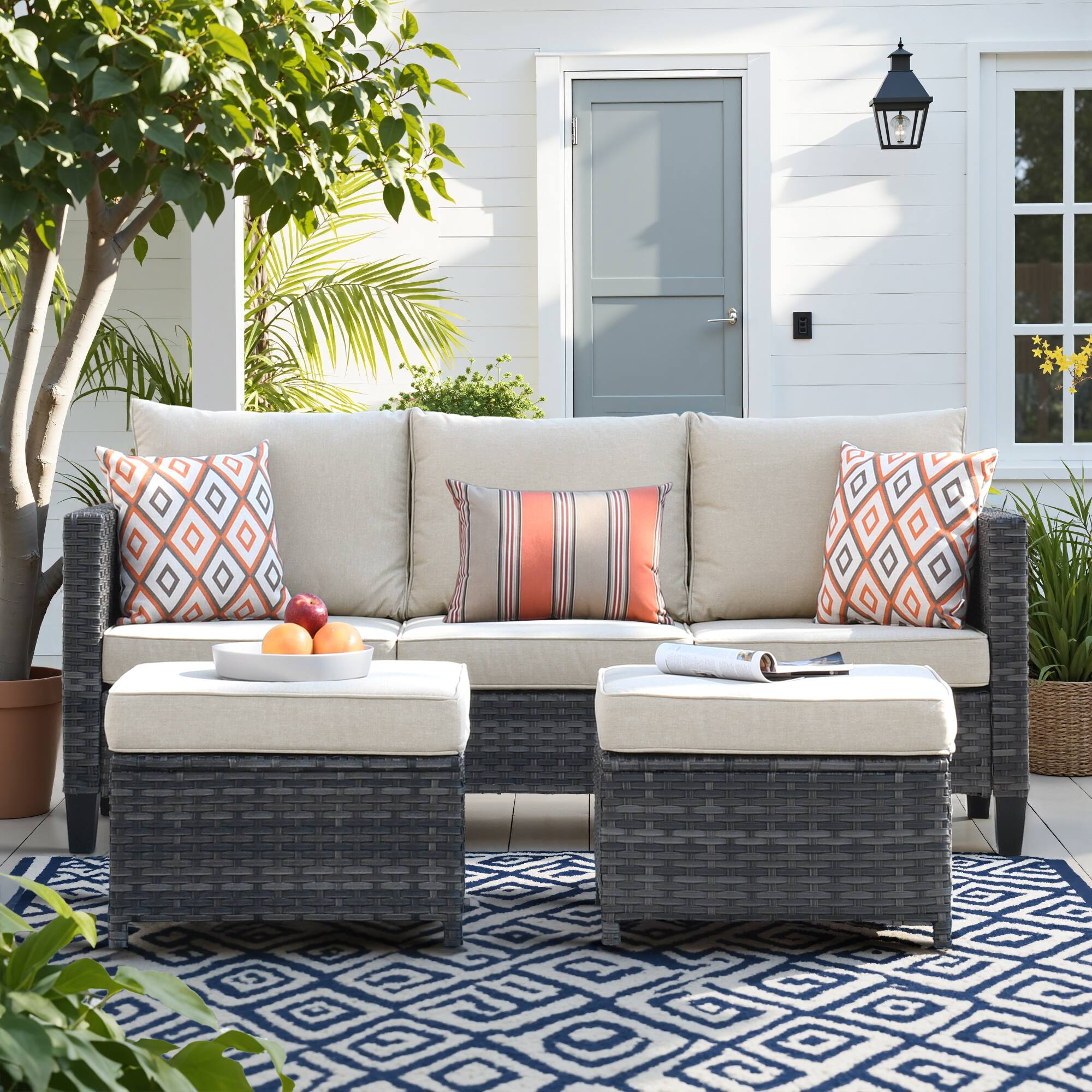 Front. Ovios - 3 PCS Patio Furniture Set, Rattan Wicker Conversation Couch with Ottoman - Beige.