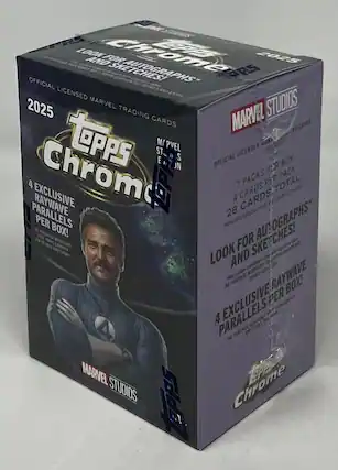 Look for autographs and sketches! Official licensed 2025 Marvel Studios trading cards. Topps Chrome. 7 packs per box, 4 cards per pack, 28 cards total. Packs with a special autograph or sketch. Look for autographs and sketches! 4 exclusive Raywave parallels per box!
