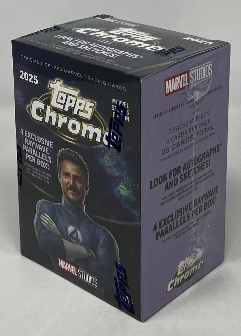 Look for autographs and sketches! Official licensed 2025 Marvel Studios trading cards. Topps Chrome. 7 packs per box, 4 cards per pack, 28 cards total. Packs with a special autograph or sketch. Look for autographs and sketches! 4 exclusive Raywave parallels per box!