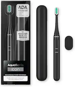 AquaSonic - Icon Rechargeable Electric Toothbrush - ADA Accepted, Magnetic Holder, Slim Travel Case, 2 Brushing Modes, Timer - Black