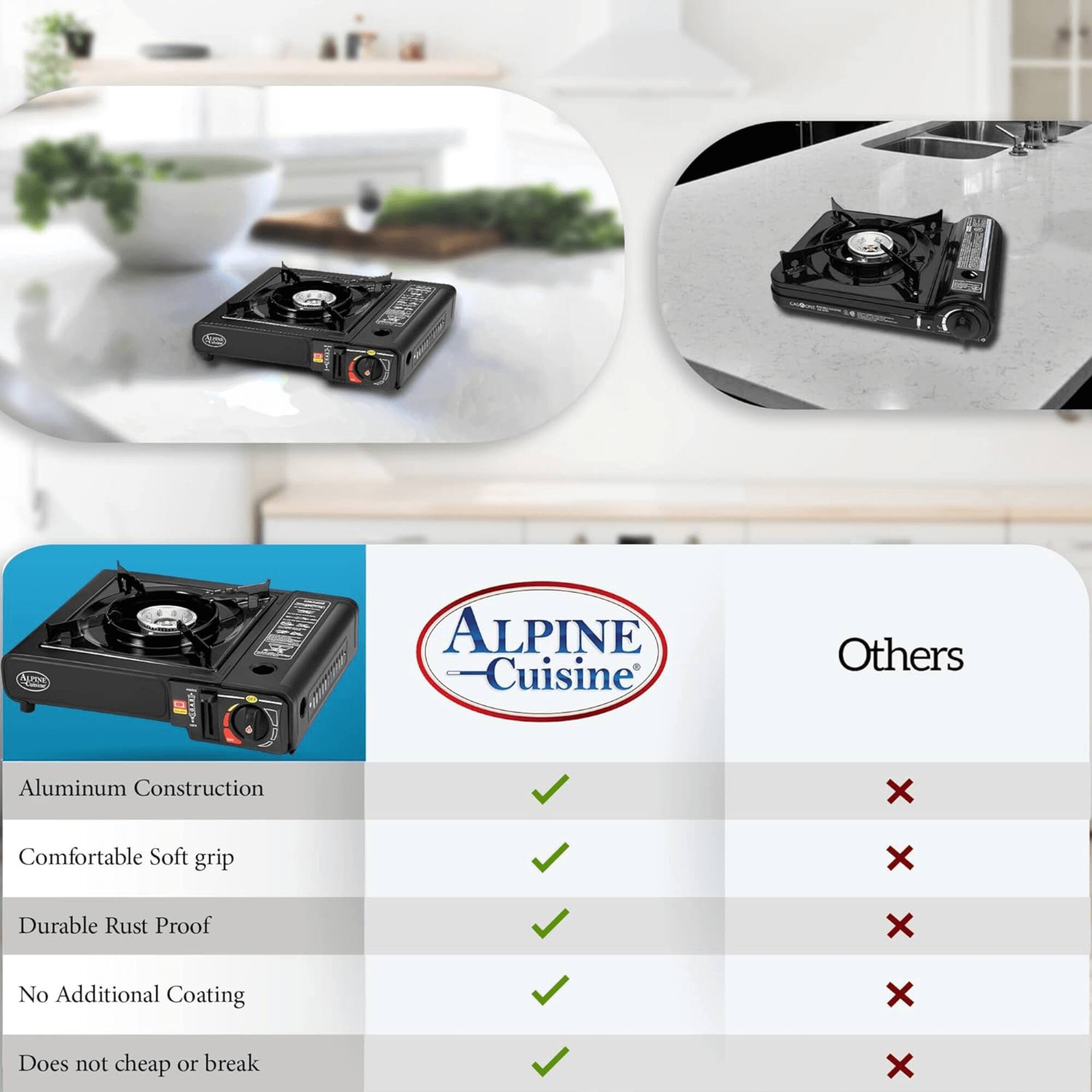 - Alpine Cuisine
  - Aluminum Construction
  - Comfortable Soft Grip
  - Durable Rust Proof
  - No Additional Coating
  - Does not cheap or break

- Others
  - Aluminum Construction
  - Comfortable Soft Grip
  - Durable Rust Proof
  - No Additional Coating
  - Does not cheap or break