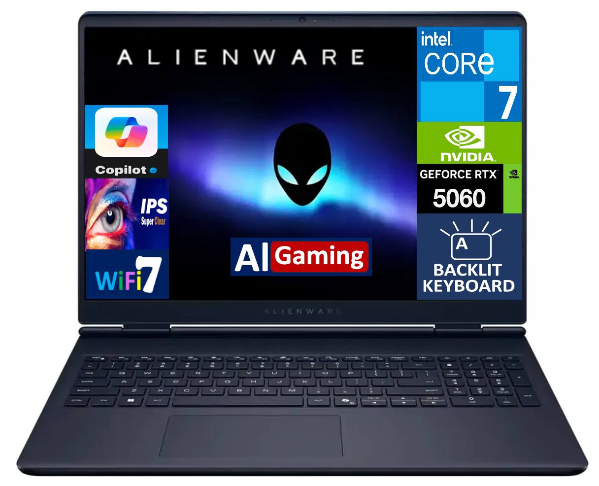 Sure, here is the corrected and grouped text from the image:

---

**ALIENWARE**

- **Copilot**
- **IPS Super Clear**
- **WiFi 7**
- **AI Gaming**

**intel CORE 7**

- **NVIDIA GEFORCE RTX 5060**
- **BACKLIT KEYBOARD**

---