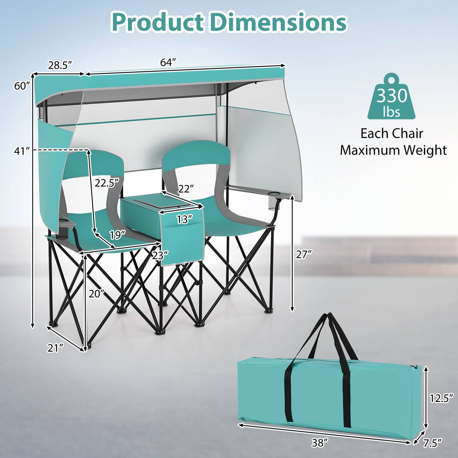 Product Dimensions:  
- Length: 64"  
- Width: 28.5"  
- Height: 60"  
- Seat Height: 19"  
- Seat Depth: 22"  
- Armrest Height: 22.5"  
- Back Height: 41"  
- Leg Height: 20"  
- Leg Width: 21"  
- Folded Height: 27"  
- Folded Width: 38"  
- Folded Depth: 12.5"  

Each Chair Maximum Weight: 330 lbs