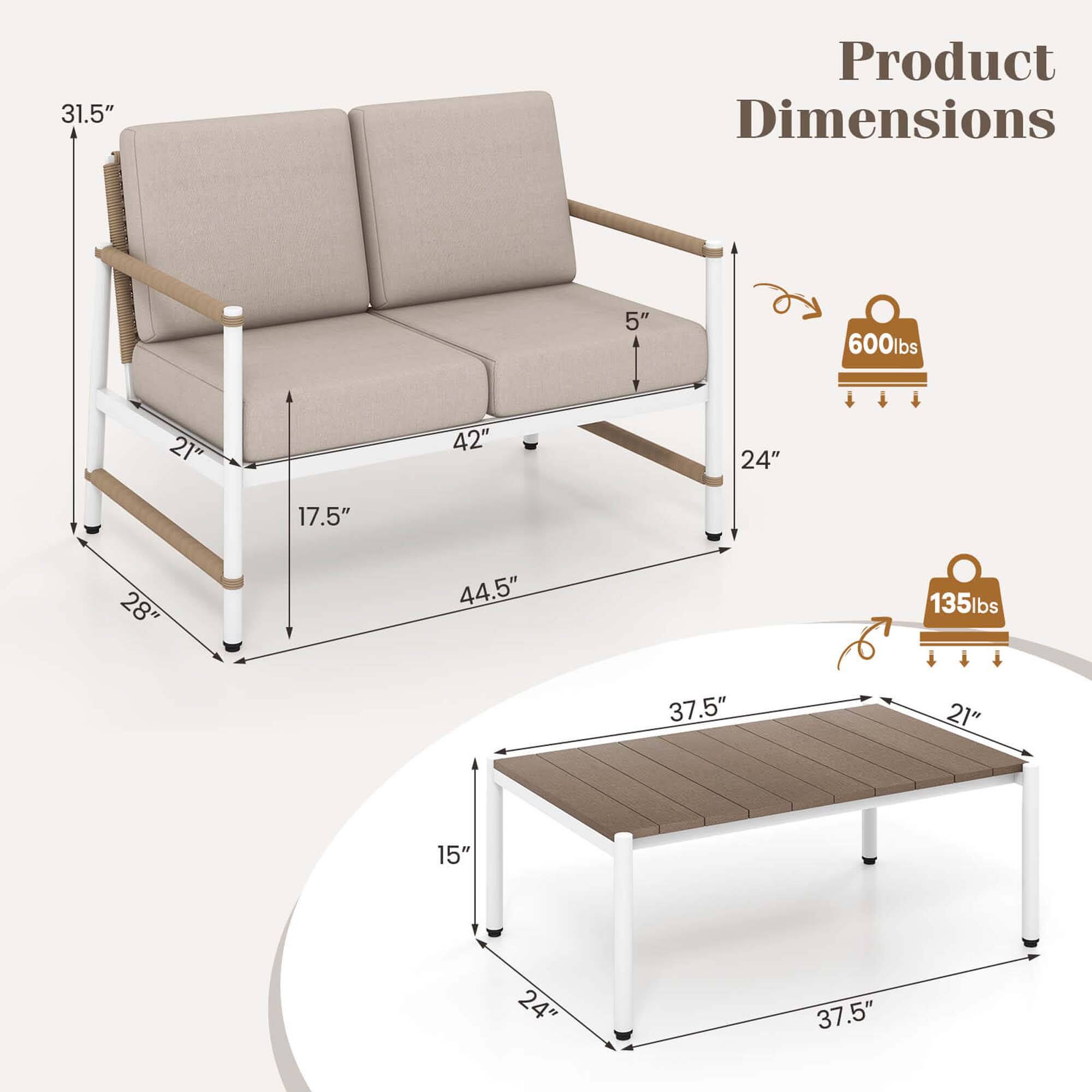 Product Dimensions

Sofa:
31.5"
5"
600lbs
42"
24"
17.5"
28"
44.5"

Table:
37.5"
21"
135lbs
15"
24"
37.5"
