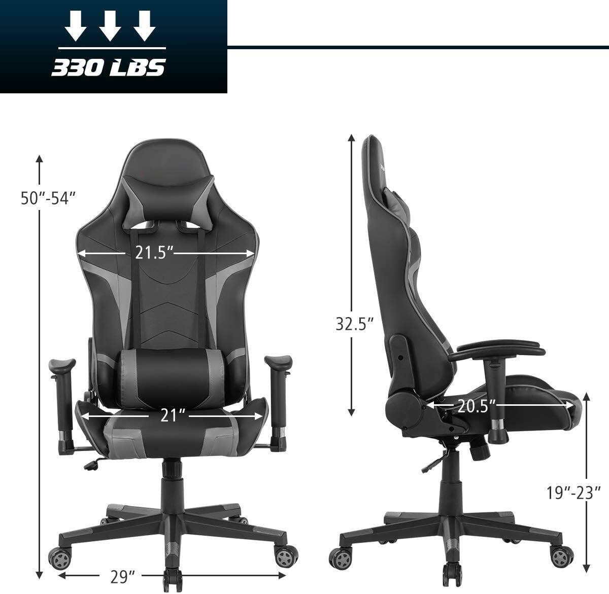 The text on the image reads "330 LBS 50"-54" 21.5" 32.5" 21" 20.5" 19"-23" 29". This information is likely related to the dimensions and weight capacity of a chair. The chair is designed to support a weight of 330 pounds and has a height range of 50"-54". The dimensions of the chair include a width of 21.5", a depth of 32.5", and a height of 21". The chair also has an armrest that measures 20.5" in length, and the seat is 19"-23" in width. The chair is designed to be comfortable and functional for a variety of users.