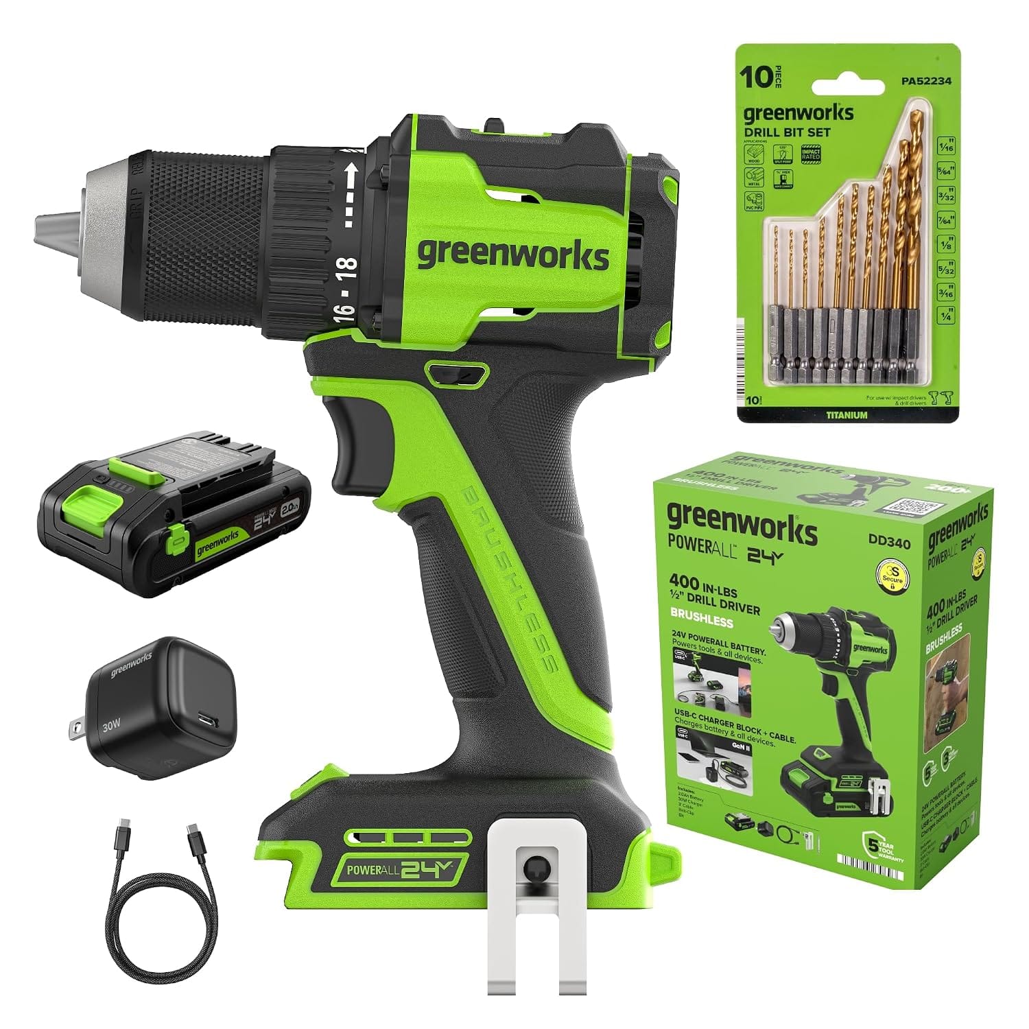 Greenworks - 24V PowerAll 1/2" 400 in-lbs Drill/Driver, with 2Ah Battery, 30W Charger and 10pcs Titanium Drill Bit Set - Green