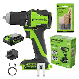 Greenworks - 24V PowerAll 1/2" 400 in-lbs Drill/Driver, with 2Ah Battery, 30W Charger and 10pcs Titanium Drill Bit Set - Green