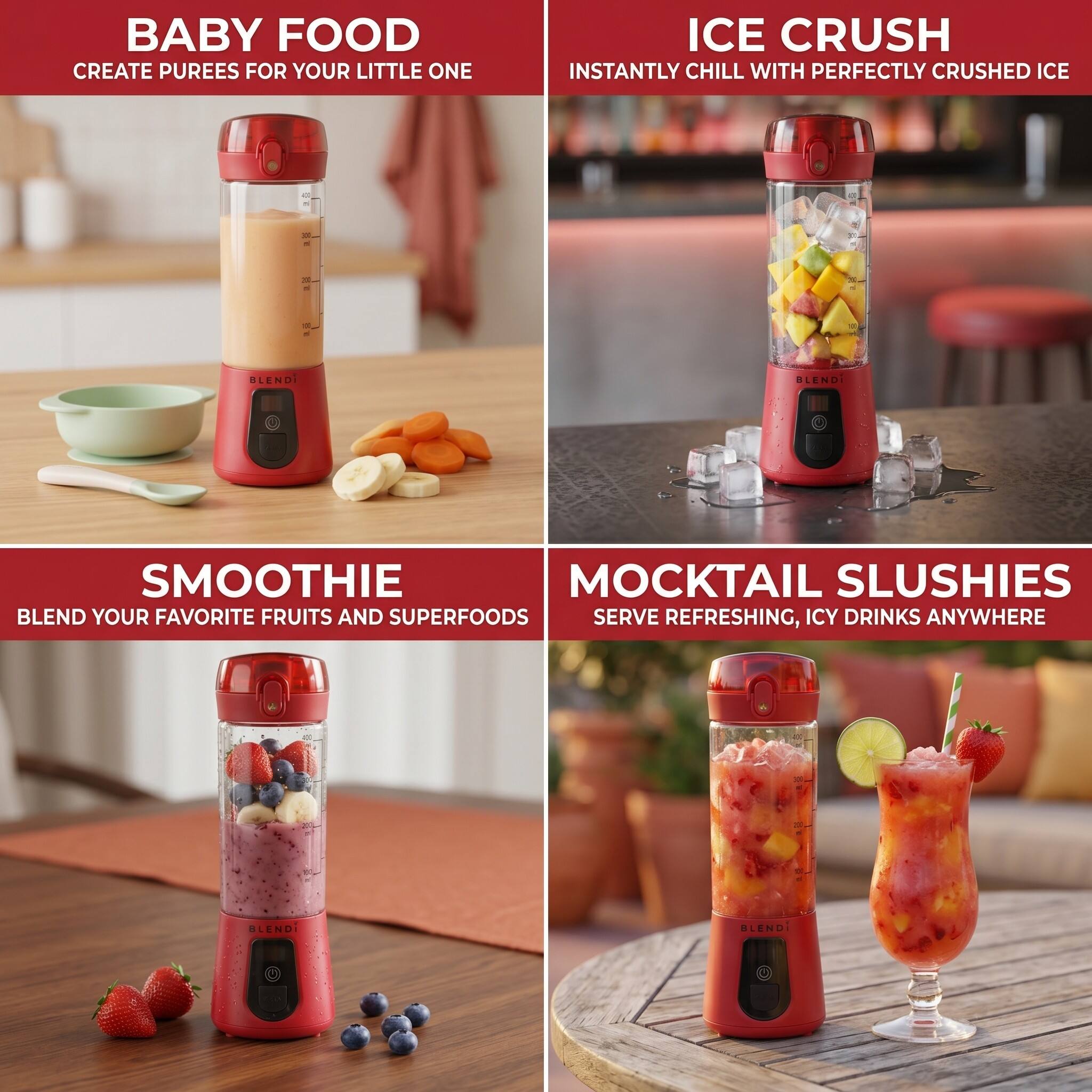 BABY FOOD  
CREATE PUREES FOR YOUR LITTLE ONE

ICE CRUSH  
INSTANTLY CHILL WITH PERFECTLY CRUSHED ICE

SMOOTHIE  
BLEND YOUR FAVORITE FRUITS AND SUPERFOODS

MOCKTAIL SLUSHIES  
SERVE REFRESHING, ICY DRINKS ANYWHERE