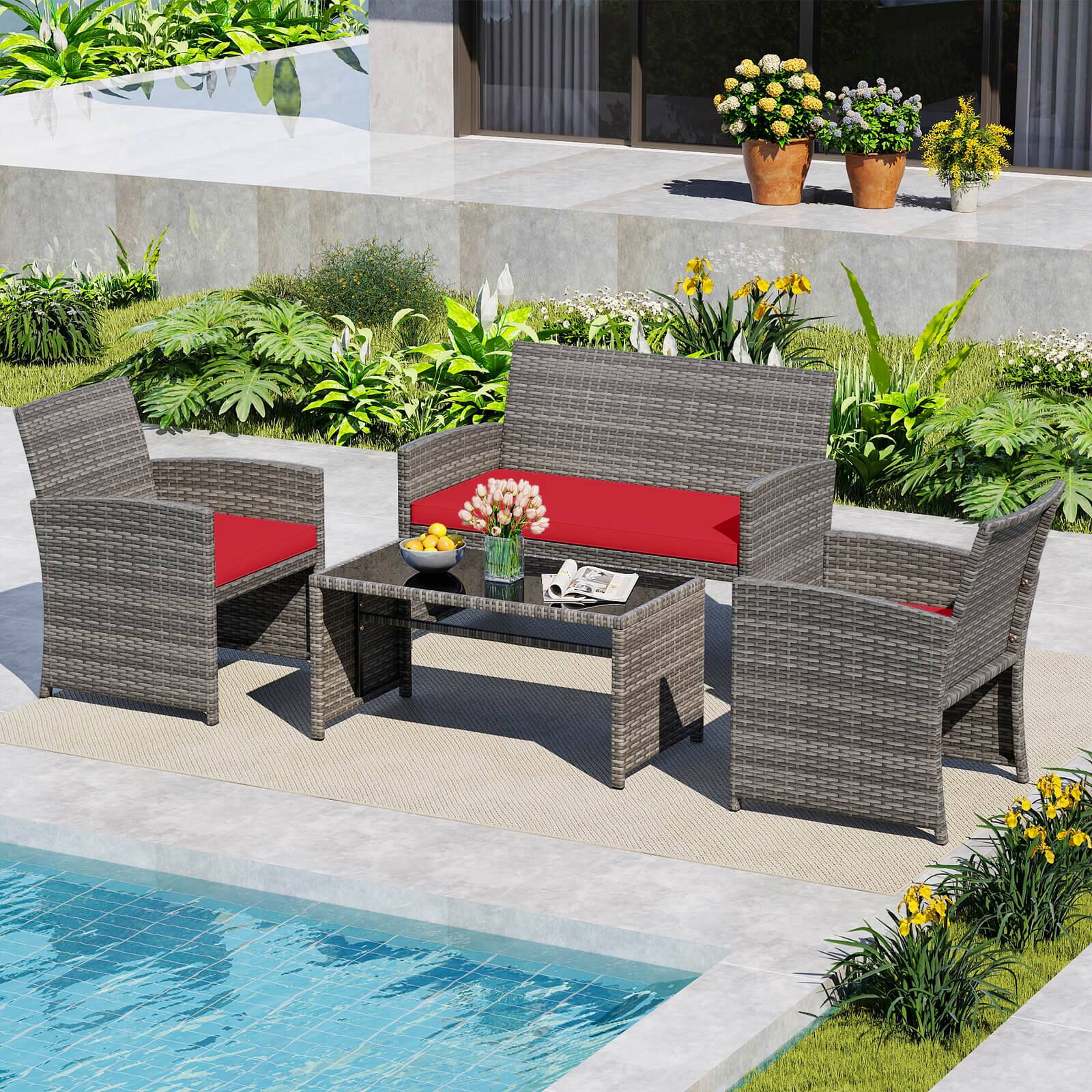 Alt View 5. Costway - Costway 8 PCS Patio Conversation Set with Seat Cushions & Tempered Glass Tabletop, Outdoor - Red,Gray.