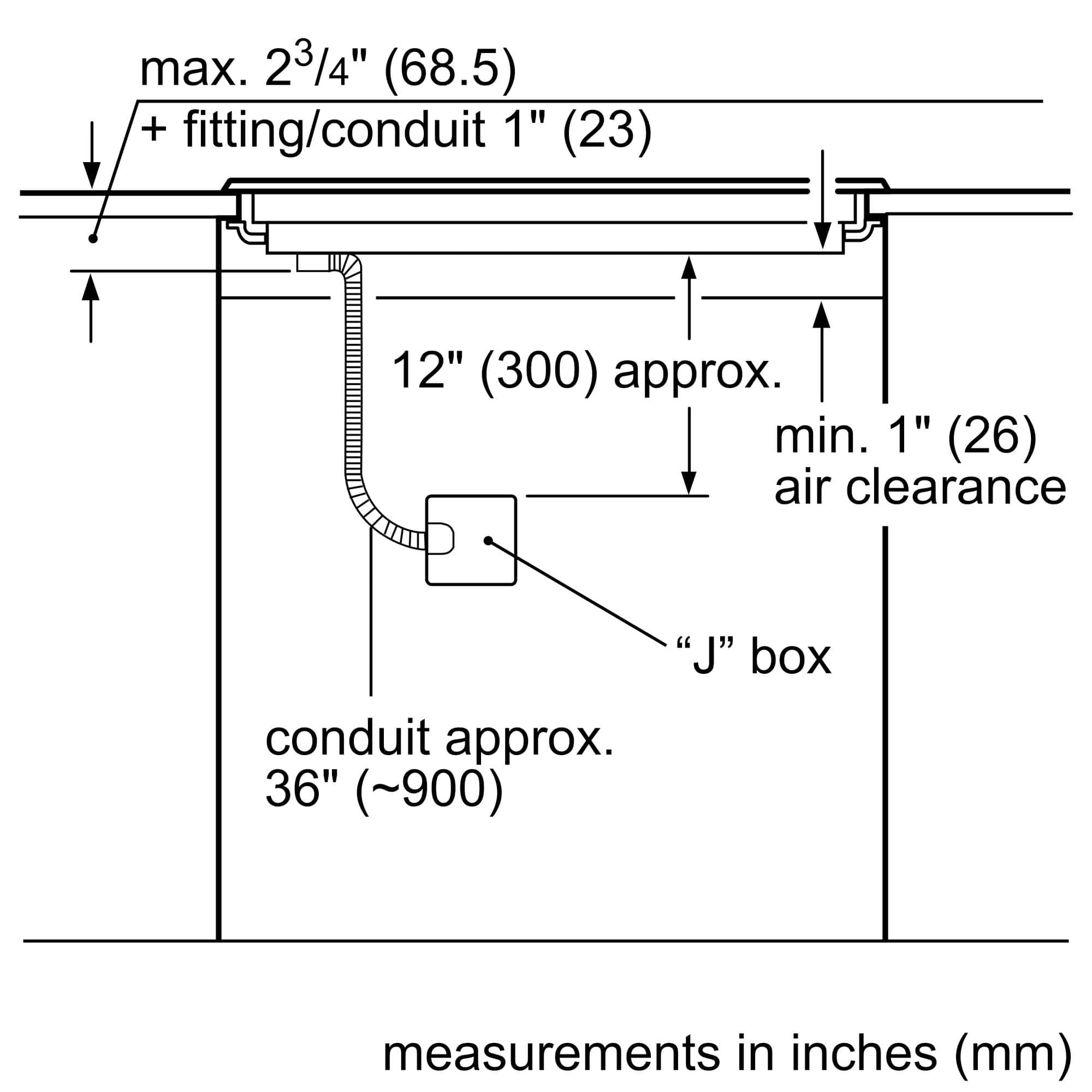 max. 23/4" (68.5) + fitting/conduit 1" (23) 12" (300) approx. min. 1" (26) air clearance "J" box conduit approx. 36" (~900) measurements in inches (mm)