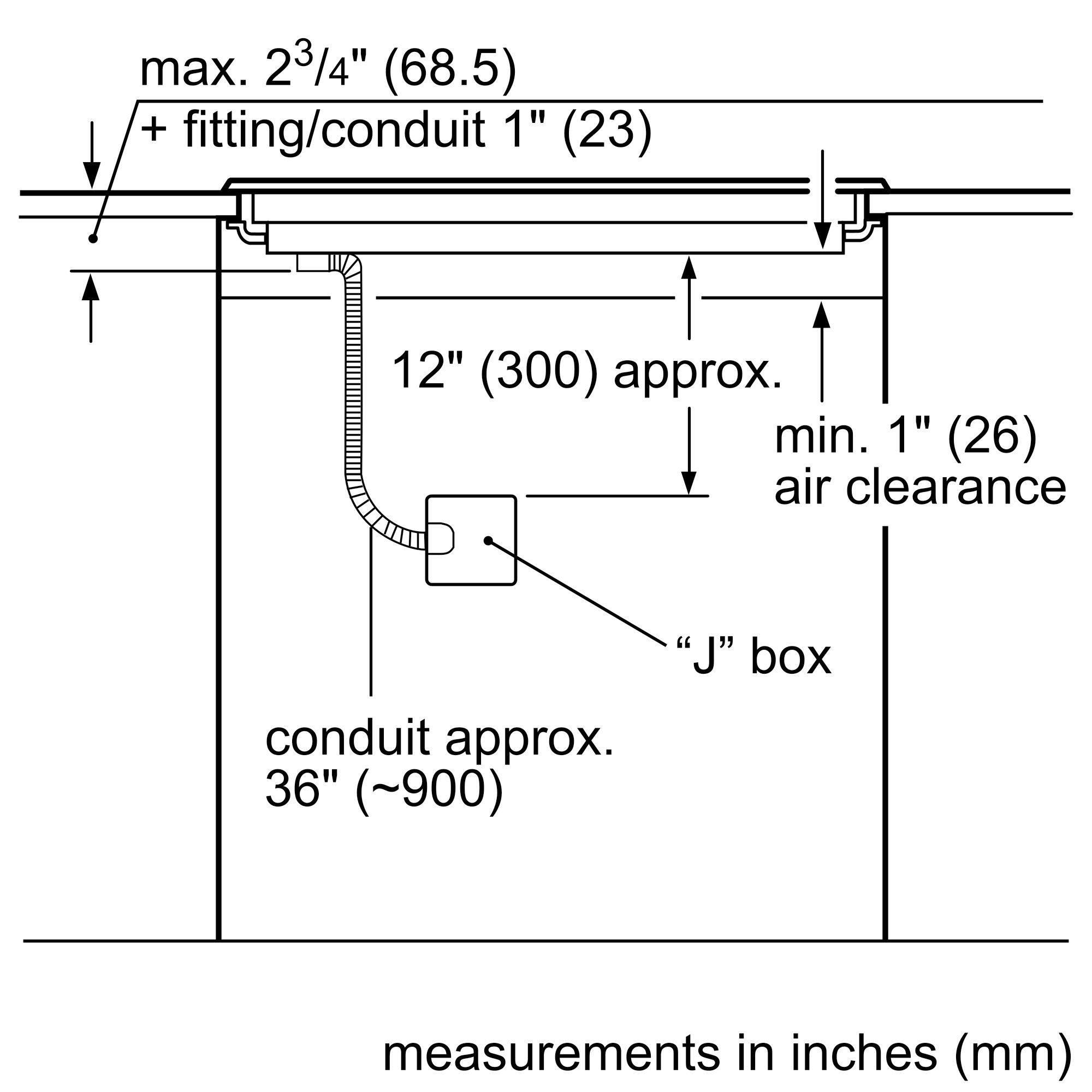 max. 23/4" (68.5) + fitting/conduit 1" (23) 12" (300) approx. min. 1" (26) air clearance "J" box conduit approx. 36" (~900) measurements in inches (mm)