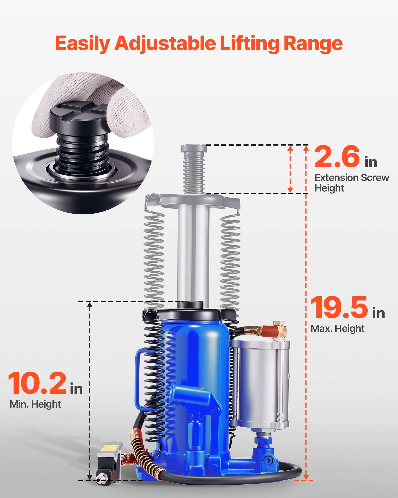 Easily Adjustable Lifting Range  
2.6 in Extension Screw Height  
19.5 in Max. Height  
10.2 in Min. Height