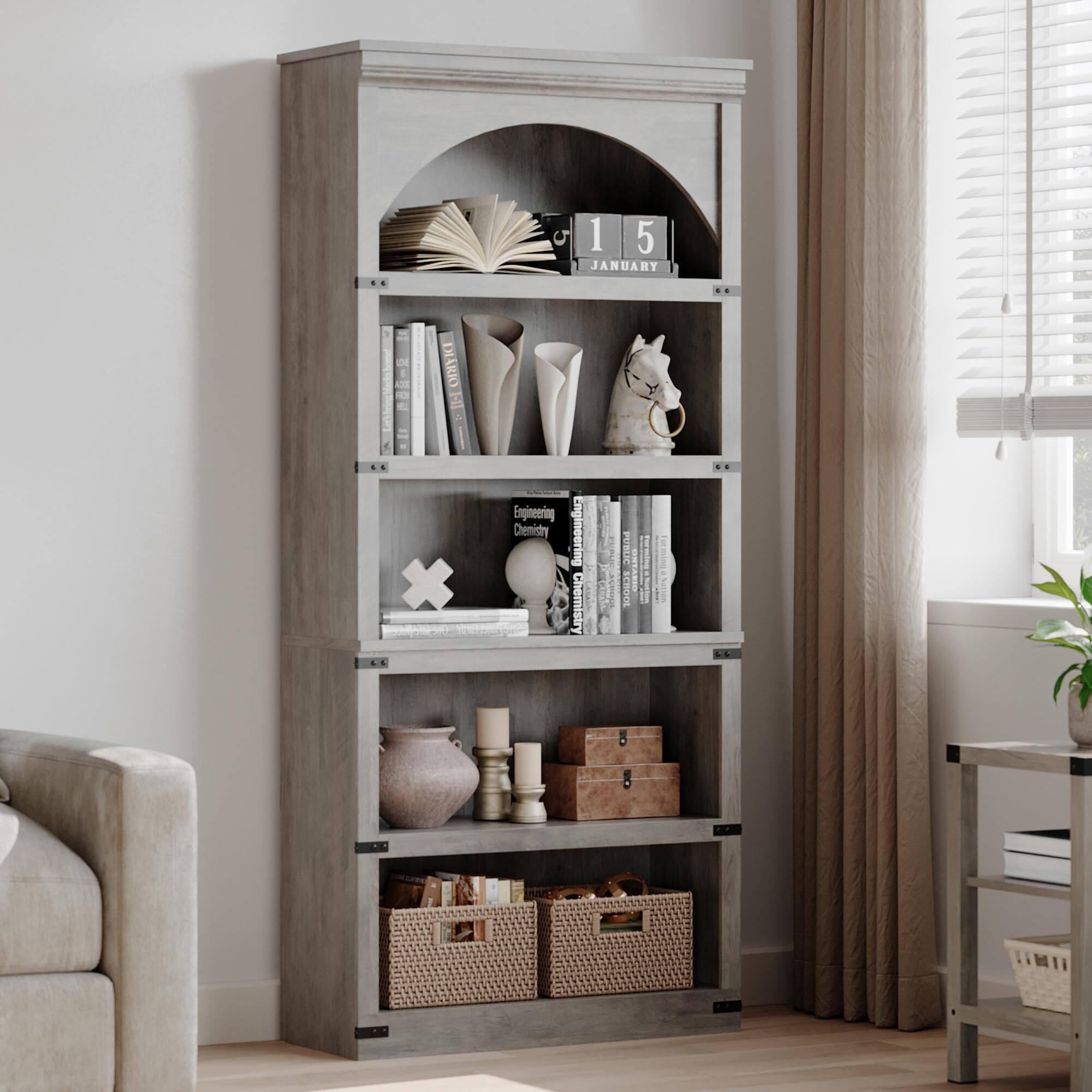 Acekool - Arched Bookcase 5 Shelf Bookshelf 68.7" Tall Bookcase Farmhouse Curved Storage Rack Wooden Bookshelves - Gray