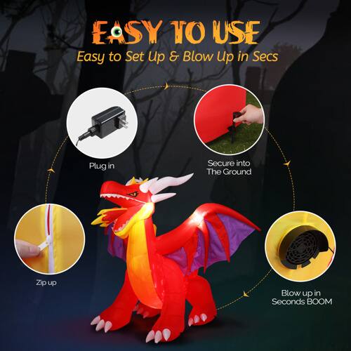 EASY TO USE  
Easy to Set Up & Blow Up in Secs

- Plug in
- Secure into The Ground
- Zip up
- Blow up in Seconds BOOM