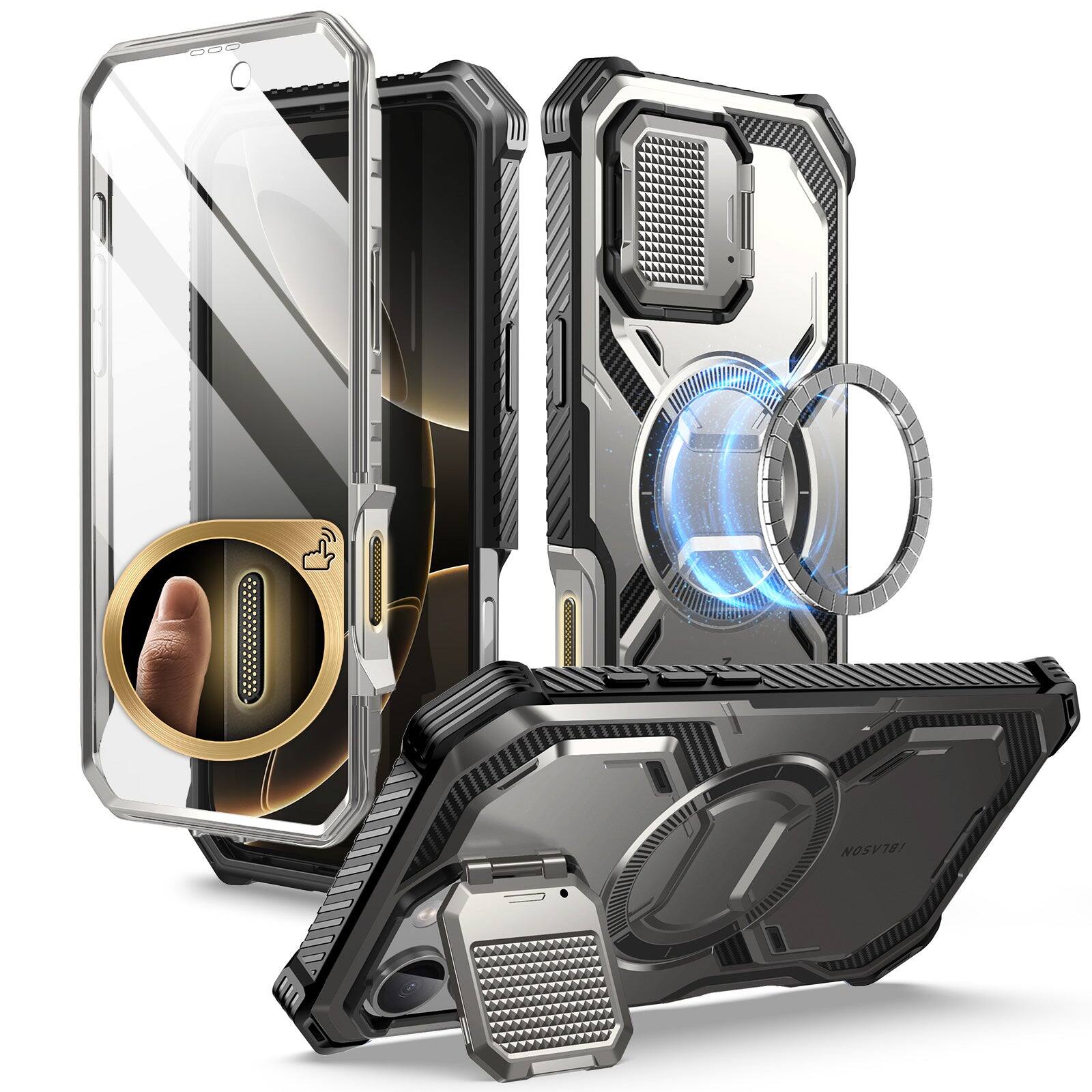Left. i-Blason - i-Blason Armorbox Case for iPhone 16 Pro – MagSafe, Kickstand, Screen Protector, Military-Grade - Titan Gray.