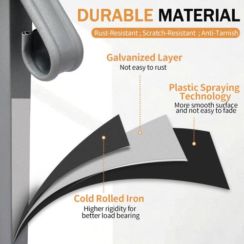 DURABLE MATERIAL  
Rust-Resistant; Scratch-Resistant; Anti-Tarnish  
Galvanized Layer  
Not easy to rust  
Plastic Spraying Technology  
More smooth surface and not easy to fade  
Cold Rolled Iron  
Higher rigidity for better load bearing