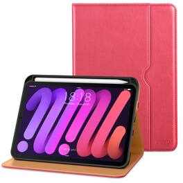 DTTO - Case for iPad Mini 7 (A17 Pro) 2024 / Mini 6 2021 8.3" - Leather Folio Stand with Pencil Holder & Multi-Angle Viewing - Watermelon red